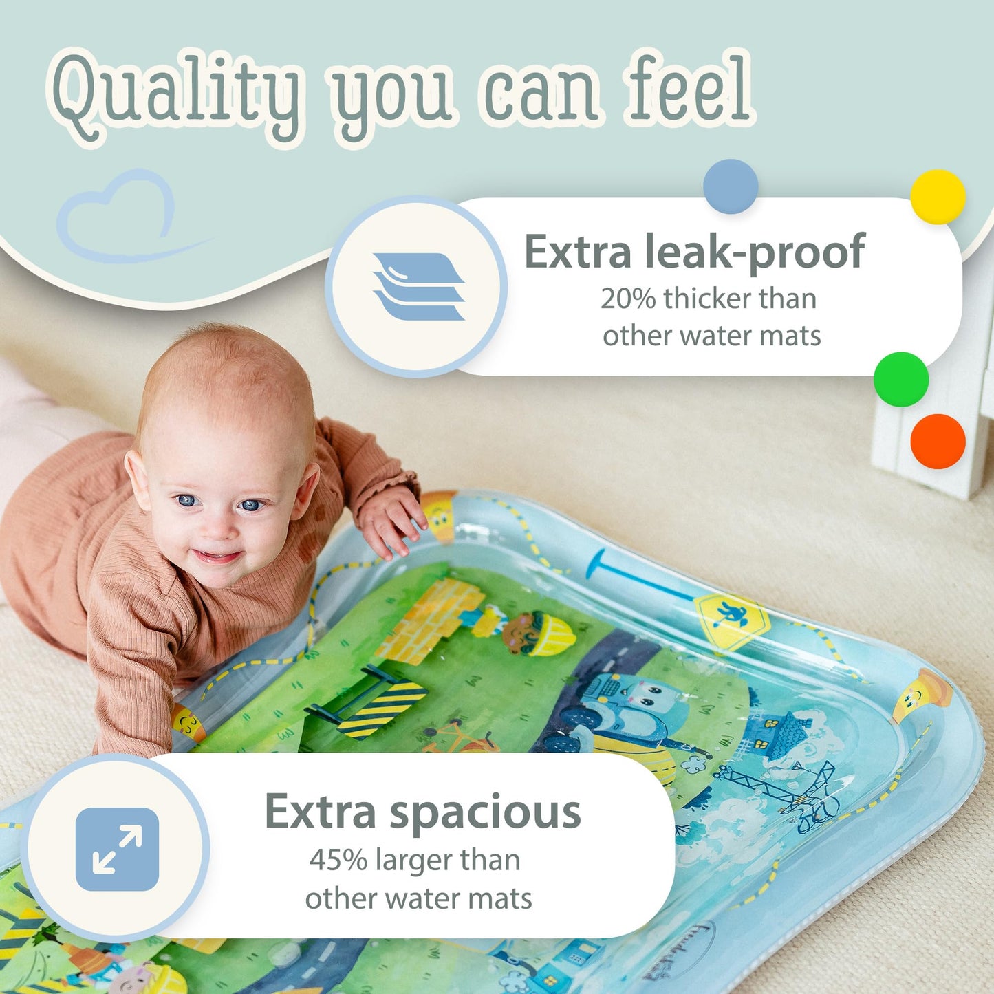 Tummy Time Water Mat for Babies – XXL Sensory Baby Water Play Mat – Award-Winning Infant Activity Mat for Motor Development – Premium, Baby-Safe Water Tummy Time Mat – Construction Site