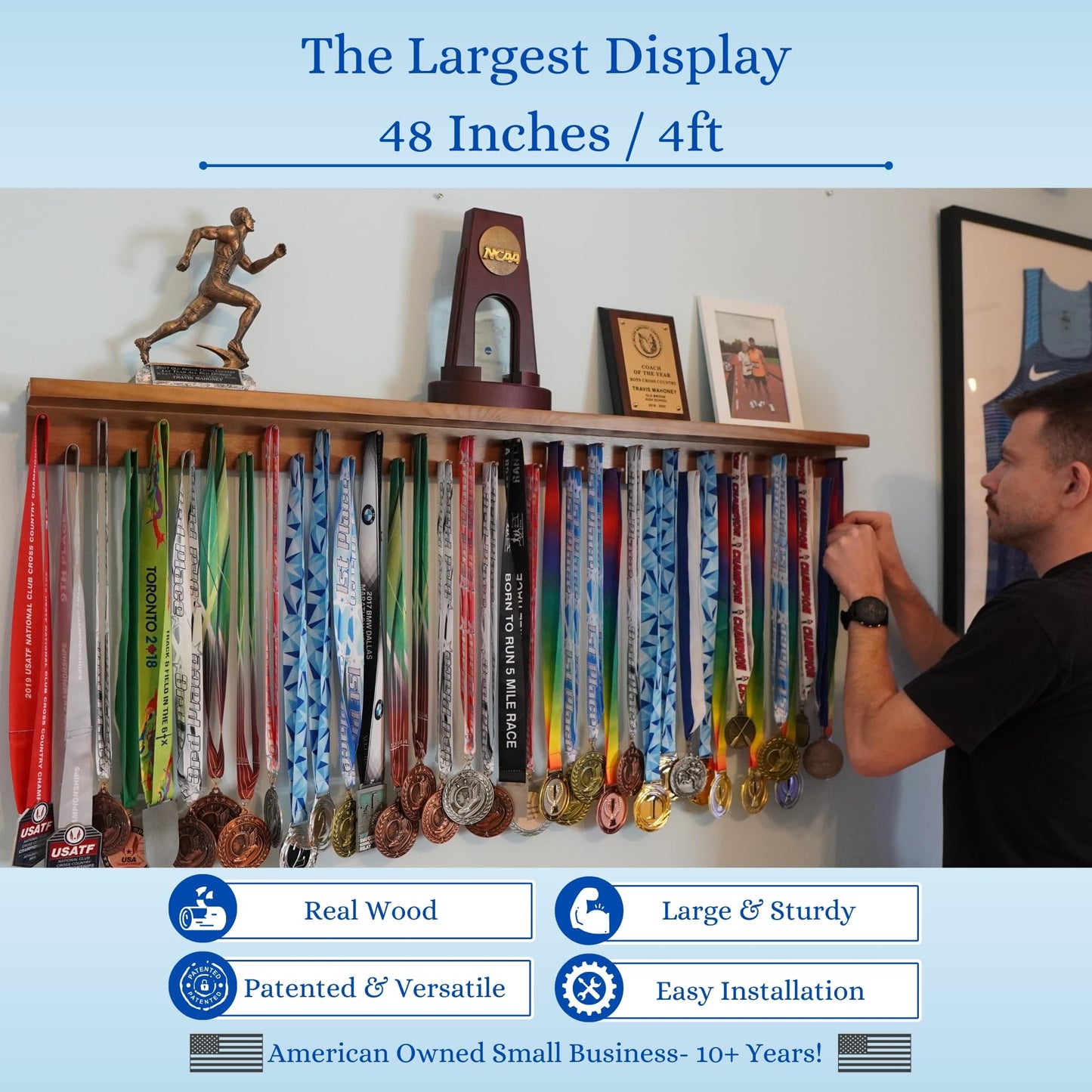 4ft Medal Hanger Display — Trophy Shelf with Hooks for Medals — 48" Solid Wood — Holds 40+ Medals for Running, Gymnastics, Martial Arts, Wrestling, Swimming — White — Medal Awards Rack