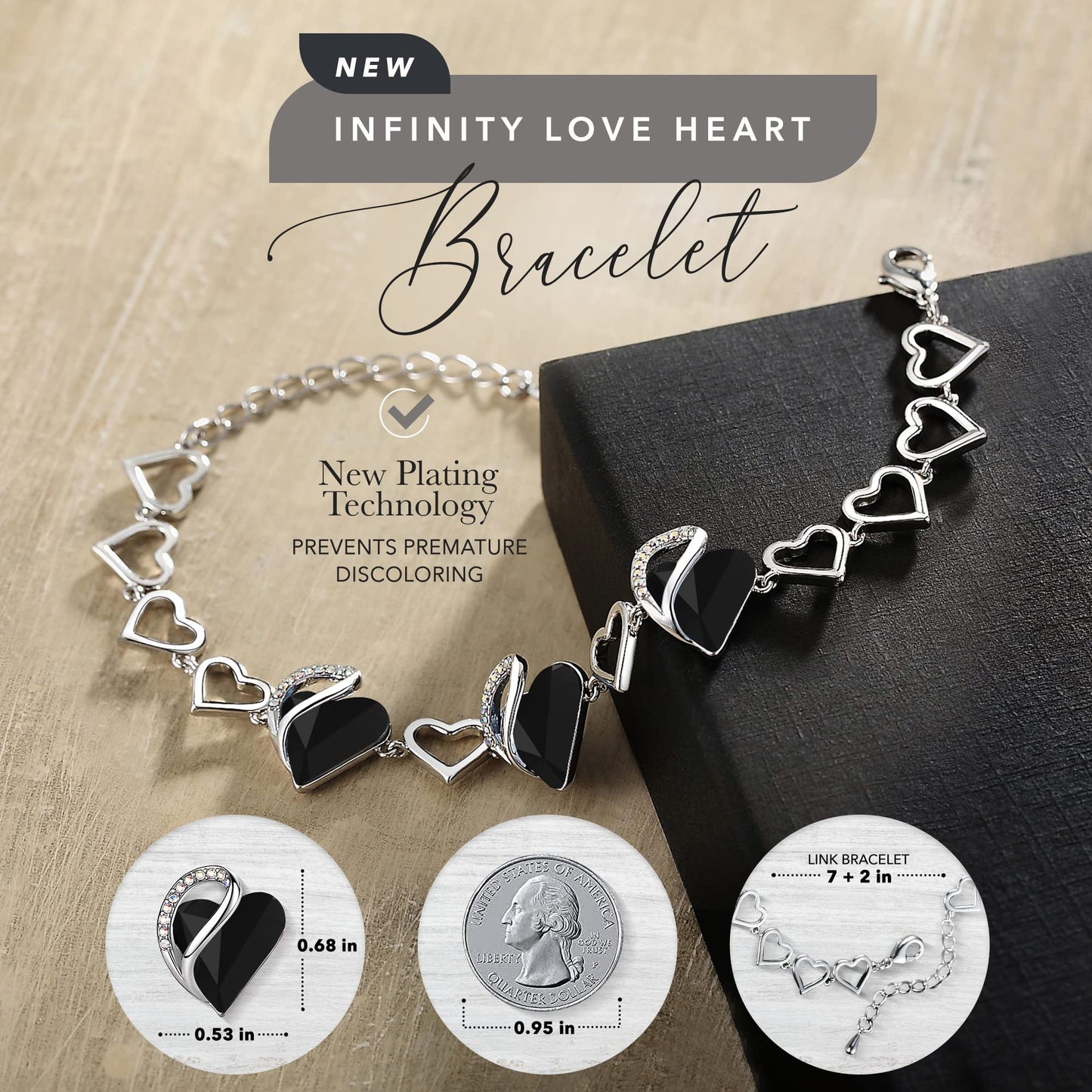 Leafael Infinity Love Heart Gift Bracelet for Women, Healing Stone for Protection, Jet Black, Silver Tone, 7-inch Chain and 2-inch Extender