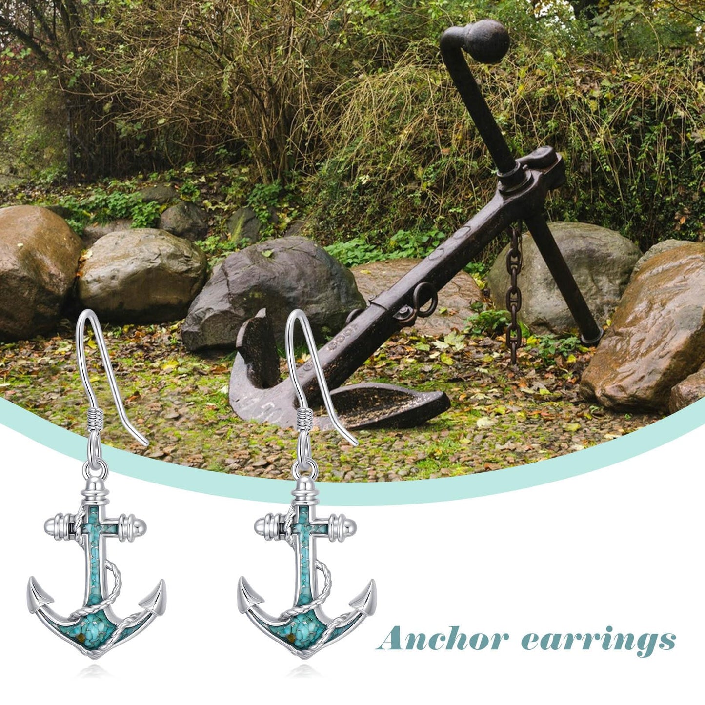 HPQQ Anchor Earrings 925 Sterling Silver Turquoise Anchor Dangle Earrings Ocean Beach Themed Jewelry Mother's Day Jewelry Gifts for Women