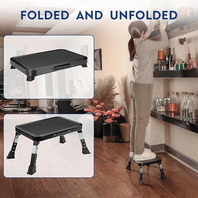 BONTEC Folding Step Stool, 3-Level Adjustable Metal Step Stool with Anti-Slip Pedal and Locking Legs, 330lbs Heavy Duty Folding Foot Stool, Portable Stepping Stool for Kids, Kitchen, Home, Office