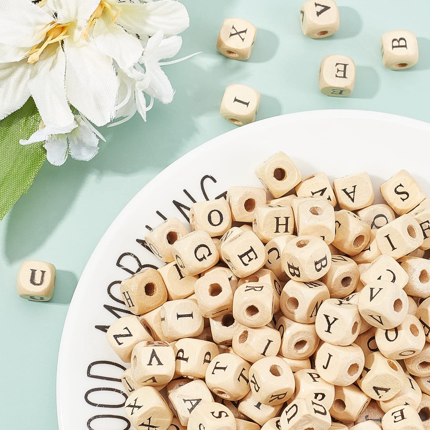 PH PandaHall 1060pcs 10mm Alphabet Wooden Beads Random Natural Square Wooden Beads 3~4mm Hole Wood Loose Bead with Initial Letter Cube Bead for Jewelry Making and DIY Projects