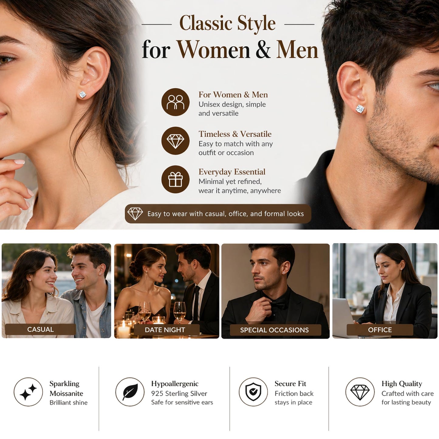 Impalsory Moissanite Stud Earrings 1.2CT 7mm for Women Men, 925 Sterling Silver Hypoallergenic Earrings, 18K White Gold Plated, Secure Friction Back, Brilliant Round Cut D Color VVS1