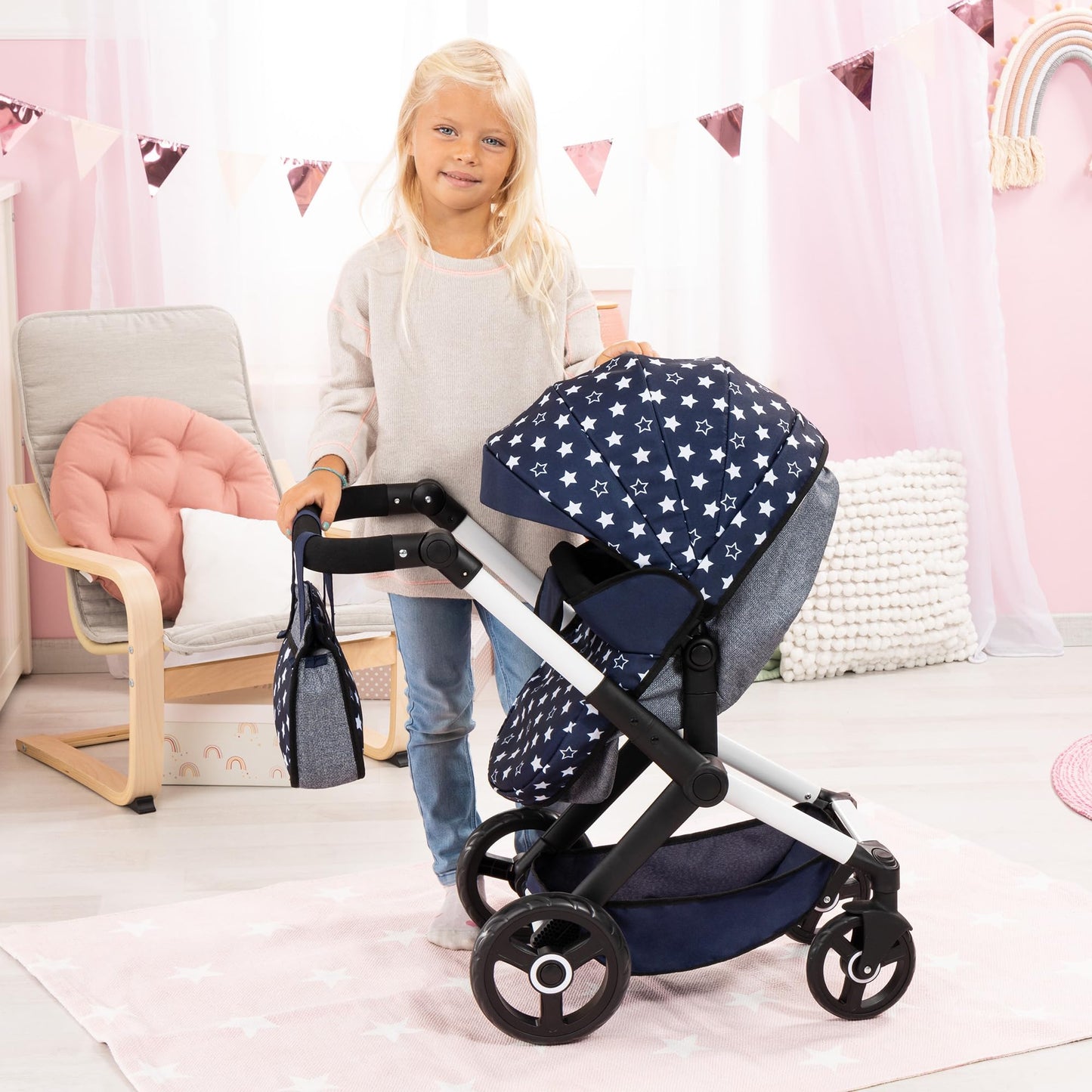 Bayer Pram Xeo Doll Stroller - Convertible 18 inch Doll Pram with Shoulder Bag