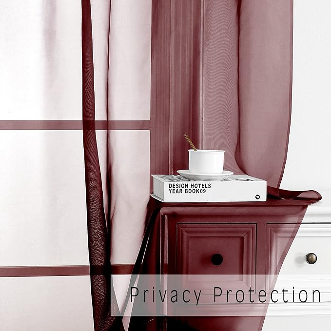 OVZME 2 Panels Window Burgundy Sheer Curtains 42" x 45" Inches for Small Windows, Soft Touching Top Dual Rod Pocket Drapes for Living Room & Bedroom.
