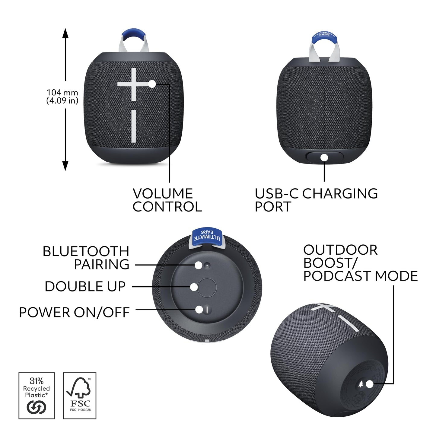 Ultimate Ears WONDERBOOM 4 Portable Waterproof Bluetooth Speaker with Big Bass and 360-Degree Sound, Dustproof Floating Speaker with 131ft (40m) Range- Black