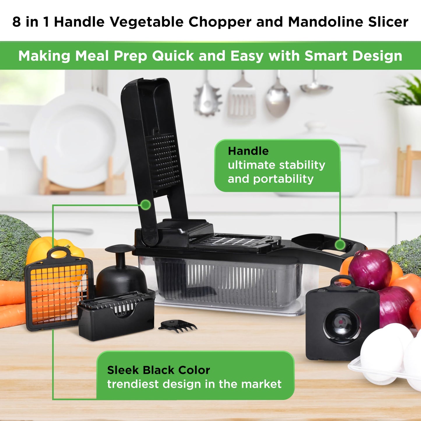 PrepNaturals Vegetable Chopper with Container, Veggie Chopper, Food Chopper & Onion Chopper - Mandoline Slicer for Kitchen (8 in 1, Black)