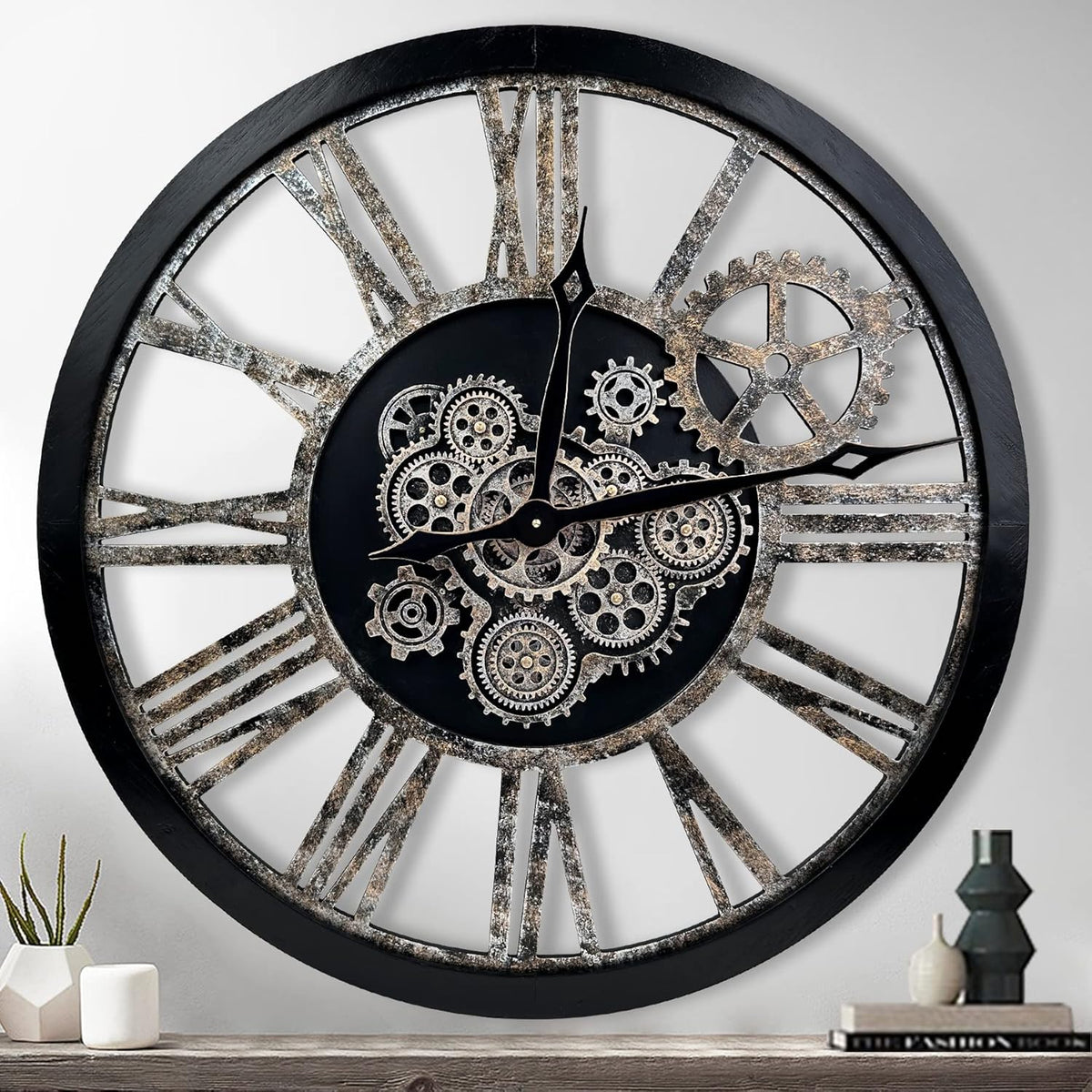 The B-Style Large Real Moving Gears Wall Clock 30 inch Rustic Retro Industrial Farmhouse Wood Clock Oversized Decorative Vintage Wall Clocks for Living Room (Black)