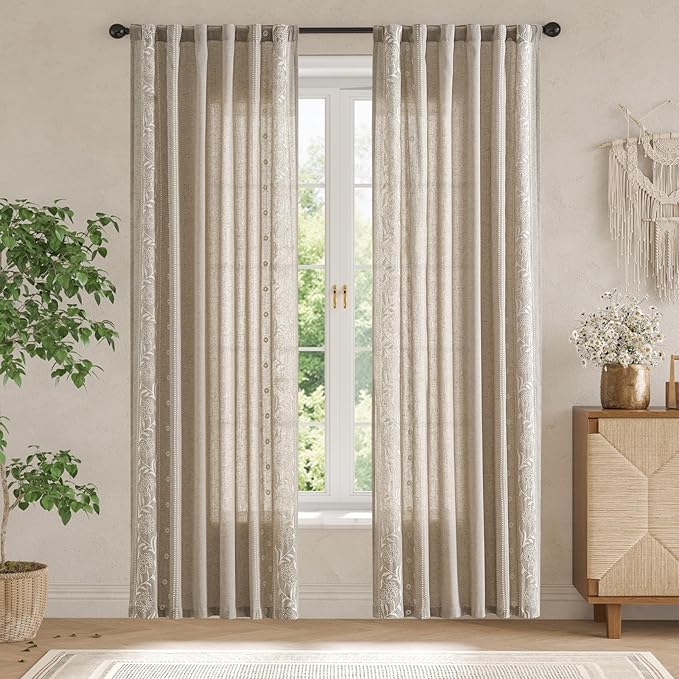 jinchan Winslow Linen Curtains for Bedroom 84 Inches Length Ivory on Taupe Embroidered Bordered Floral Curtains for Living Room Farmhouse Decor Light Filtering Window Treatments 2 Panels
