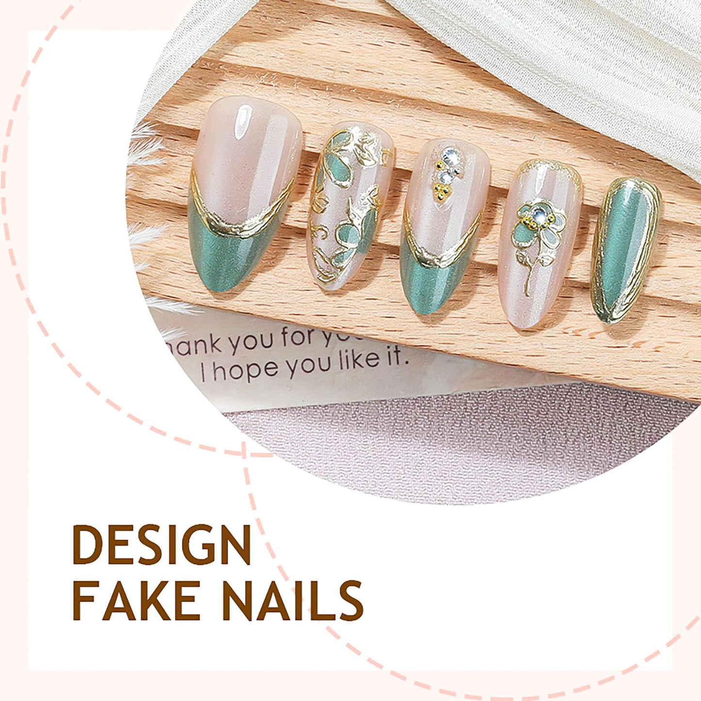 RUOKEXIN Long Almond Press on Nails French Tip Fake Nails Green False Nails with 3D Gold Flower Designs Stiletto Nail Press ons Sparkly Artificial Nails for Women 30Pcs