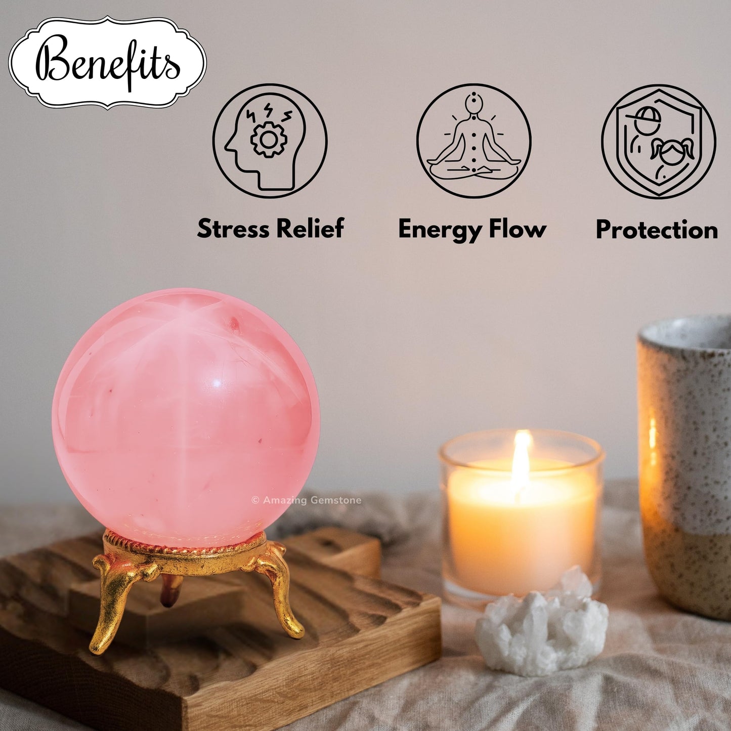 Amazing Gemstone Star Rose Quartz Crystal Ball with Stand - 2 Inches Crystal Sphere Meditation Balls for Witchcraft and Decorative Balls
