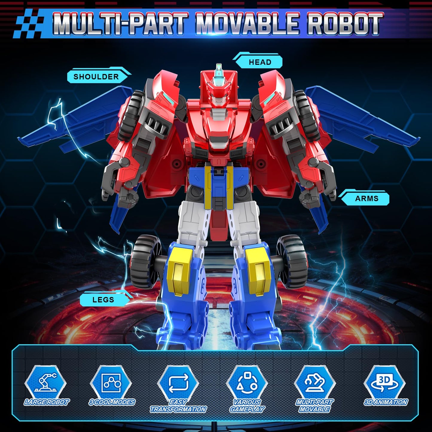 QUANTUM HEROES DINOSTER Transformable Robot 2 in 1 Raptor Bolt Wing, 8.66 inch, Transforming Robot Toy for Kids, Chariot Transforming Toy for Boys Girls 5 6 7 8 9 10 Years, Red Blue