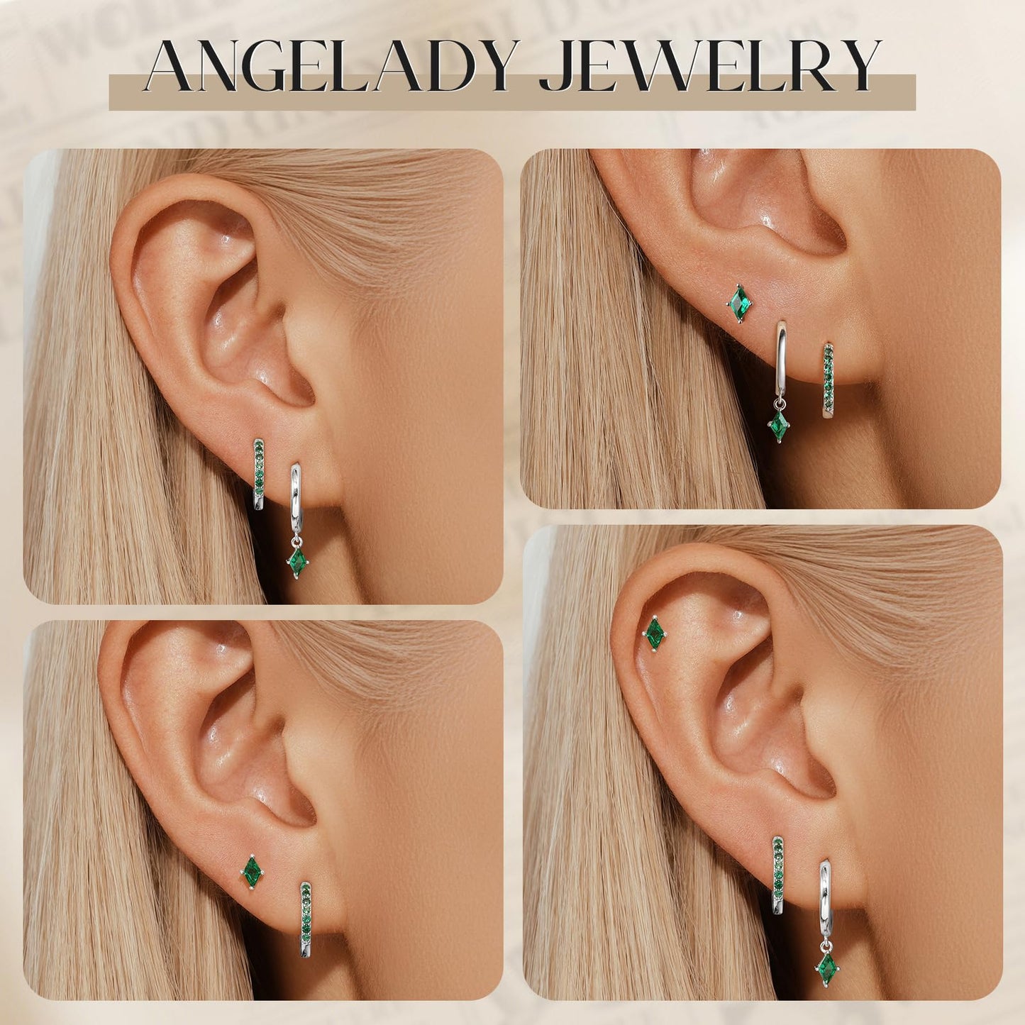 Sterling Silver Hoop Earrings Set for Women, Dainty Green Huggie Dangle Earring, Small Hypoallergenic Silver Earring Stacks for Multiple Piercing, Emerald Green Earring for Women Trendy