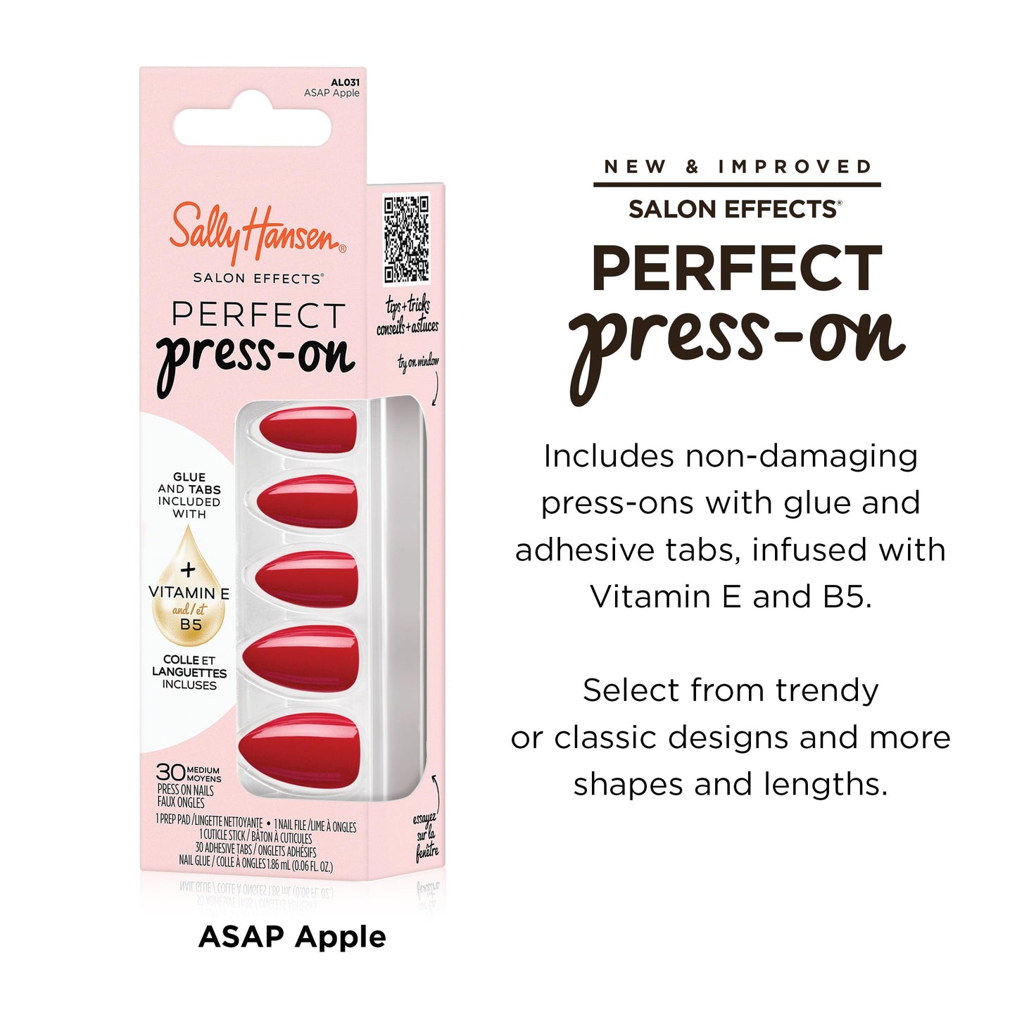 Sally Hansen Salon Effects Perfect Press-On Nails | Almond Shape | Easy to Apply, Non-Damaging | 30 Nails, Nail Glue, Adhesive Tabs, File | ASAP Apple