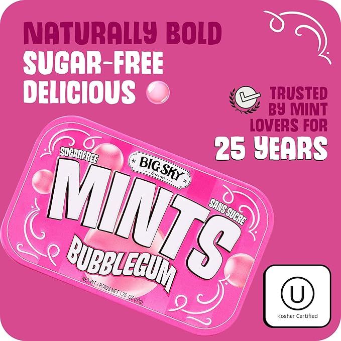 Big Sky Sugar Free Mints Bubblegum | Sugarfree, No Artificial Colors or Flavors | Kosher Certified, Vegan, Gluten Free | Aspartame & Xylitol Free | 50 Count Tin (Pack of 6)