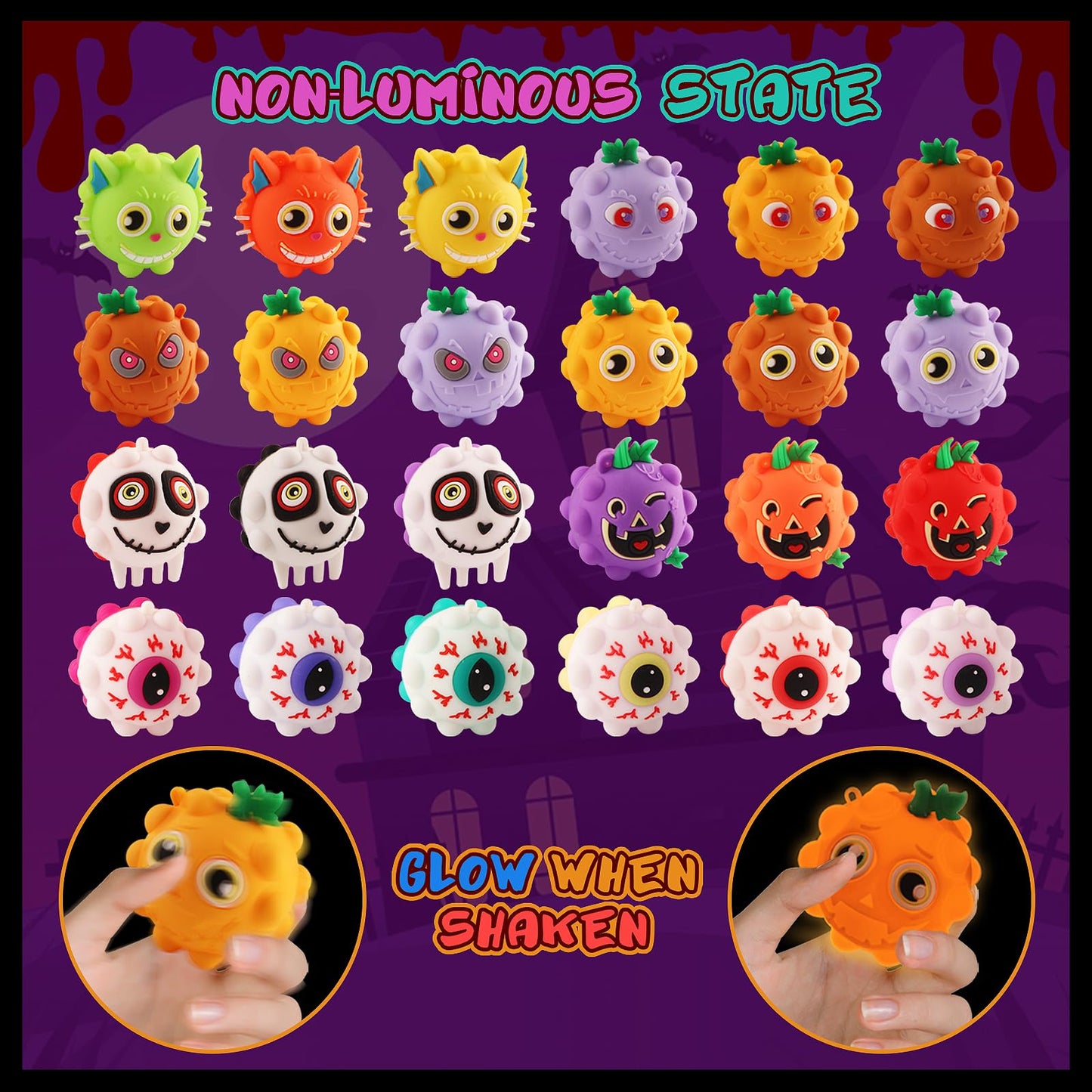 24PCS Light Up Halloween Pop Ball Toys, Halloween Party Favors Gifts for Kids, Trick or Treat Toys for Kids, Halloween Goodie Bag Stuffers,Classroom Prizes