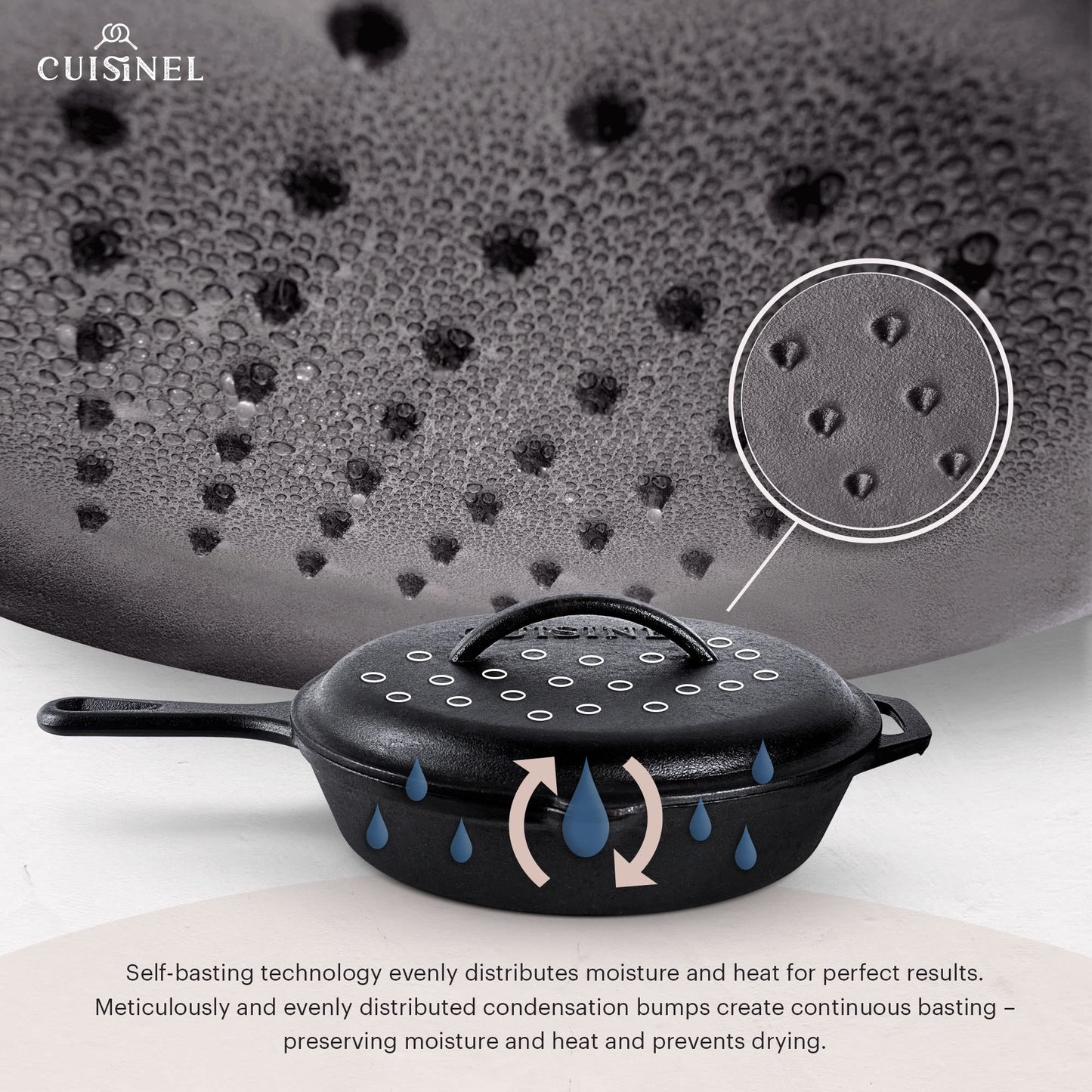 Cuisinel 12" + 10" + 8"-Inch Cast Iron Skillets Set with Braiser Lids + Silicone Handle Grips + Pan Scraper - Indoor/Outdoor Pre-Seasoned Kitchen Cookware - Oven, Fire, Stove Safe