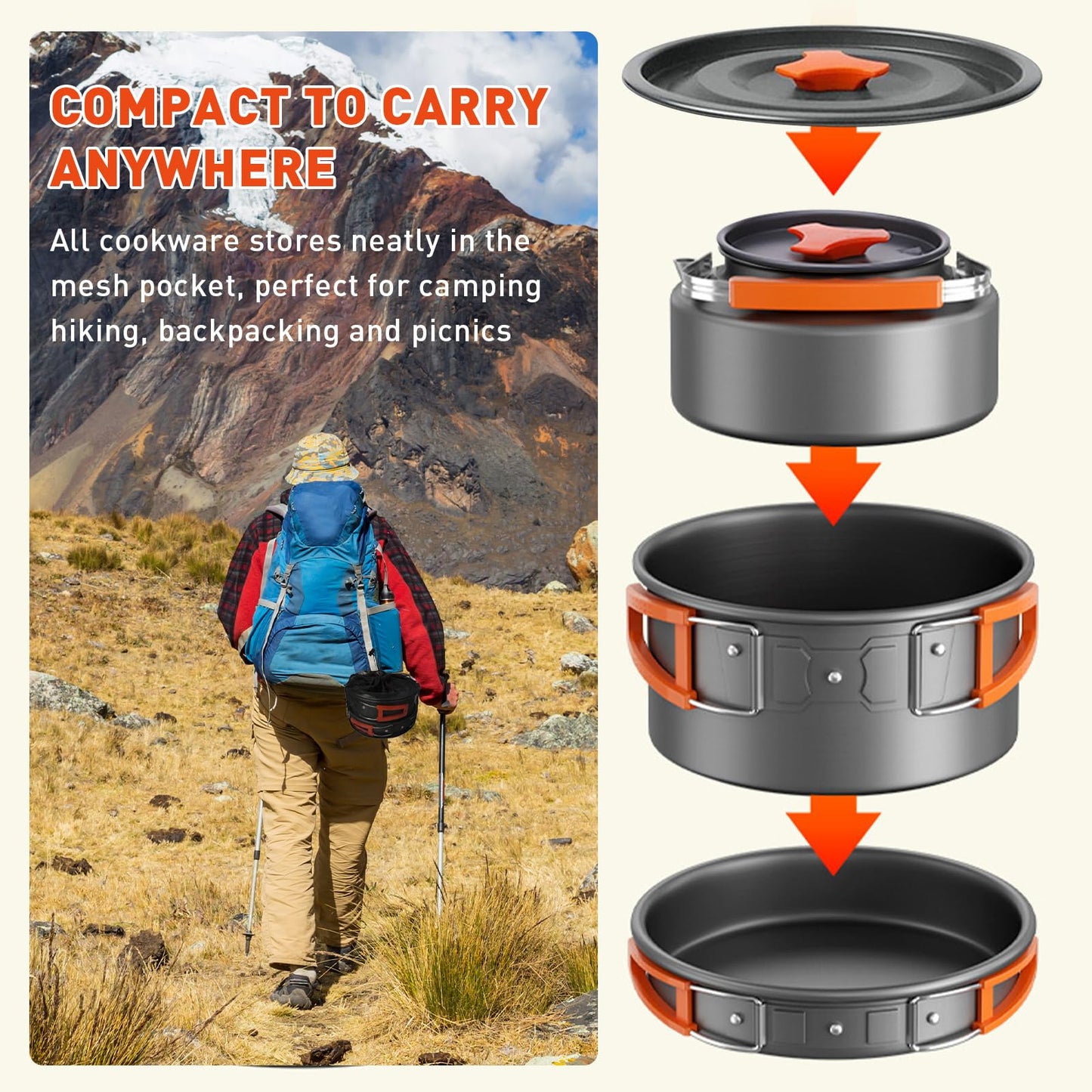 Camping Cookware Camping Cooking Set, Non-Stick Hard-Anodized Aluminum Pot & Pan with Kettle, 2 Forks Knives Spoons, 2 Plates & Folding Cups, Compact Backpacking Cookware for 2-3 People, Camping Gift