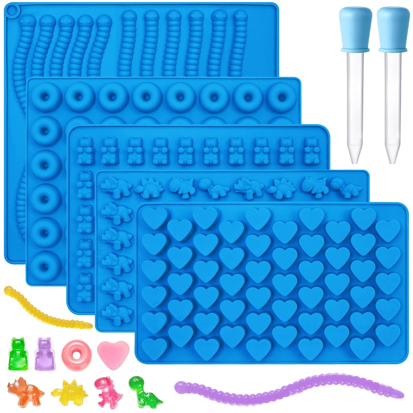 Sidosir 7Pcs Silicone Gummy Bear Molds, Non-Stick Worm Chocolate Mold for Parties, Gummy Heart for Home DIY, Silicone Dinasur Mold for Make Gummies