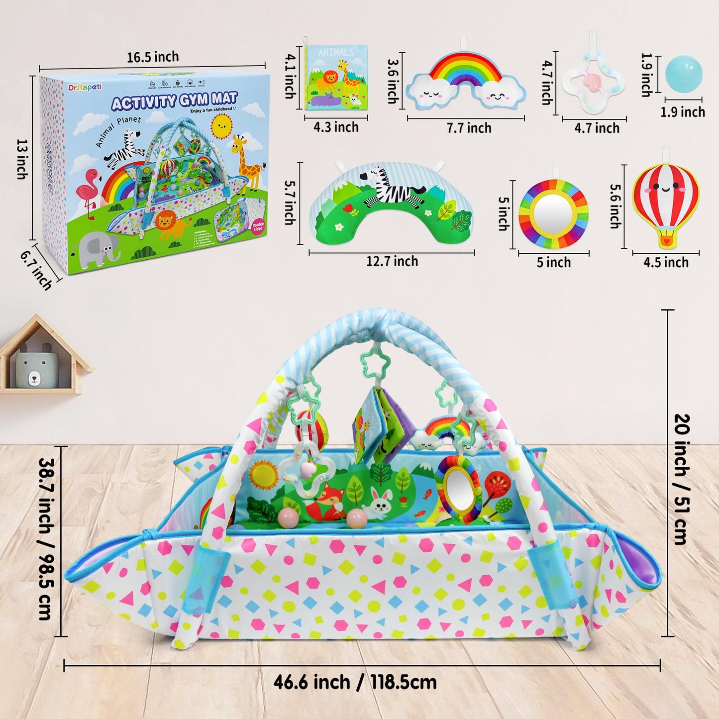 Dr.Rapeti Baby Play Gym Mat Animal Planet with Ball Pit Activity Gym Center Tummy Time Mat Thickened Mat Sensory Exploration Motor Skill Development for Newborn Infant Baby Toddler for 0+
