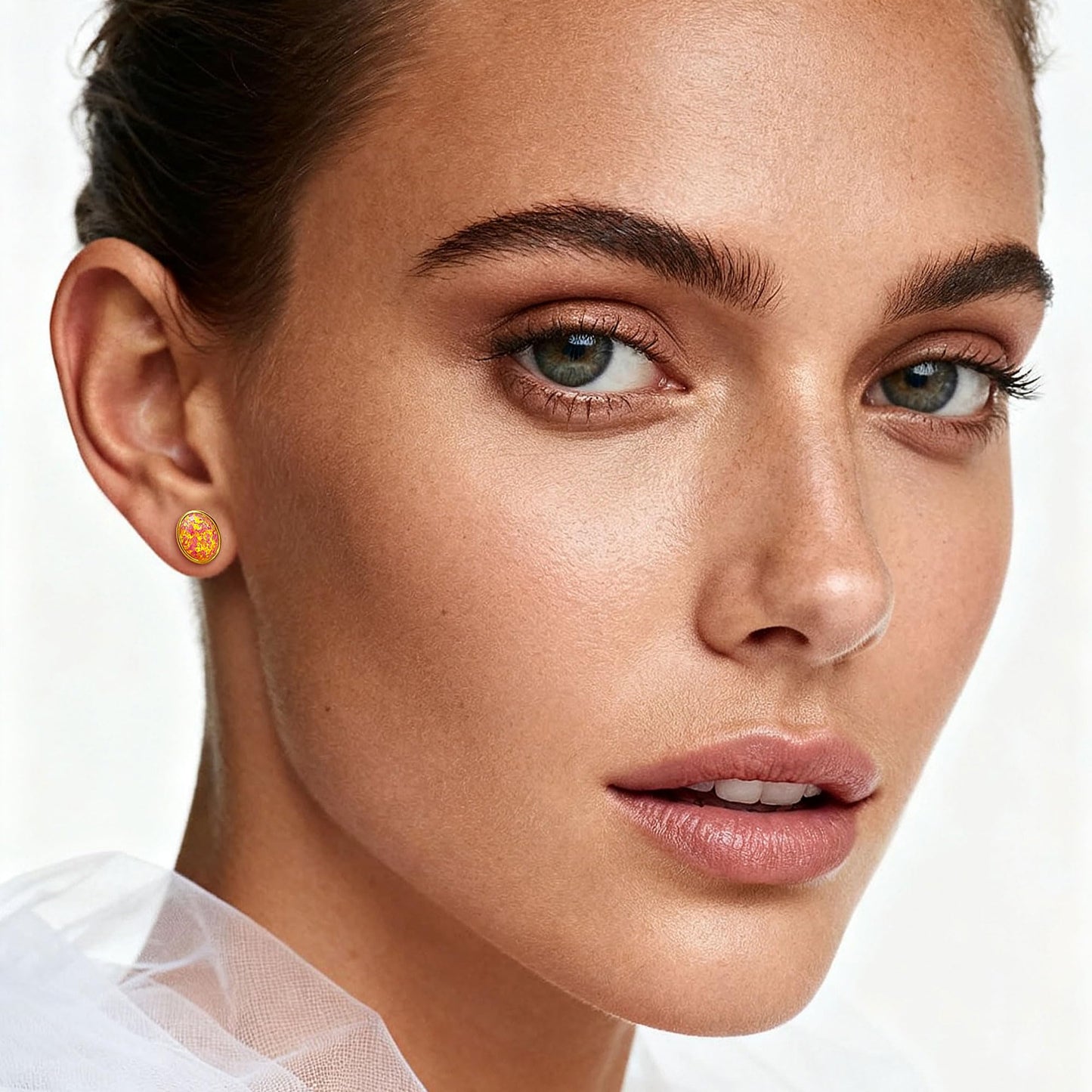 JiayangJY Silver Red Fire Opal Stud Earrings for Women 18K Yellow Gold Plated Sterling Silver Oval Shape 6mm Opal Earrings with Push Back