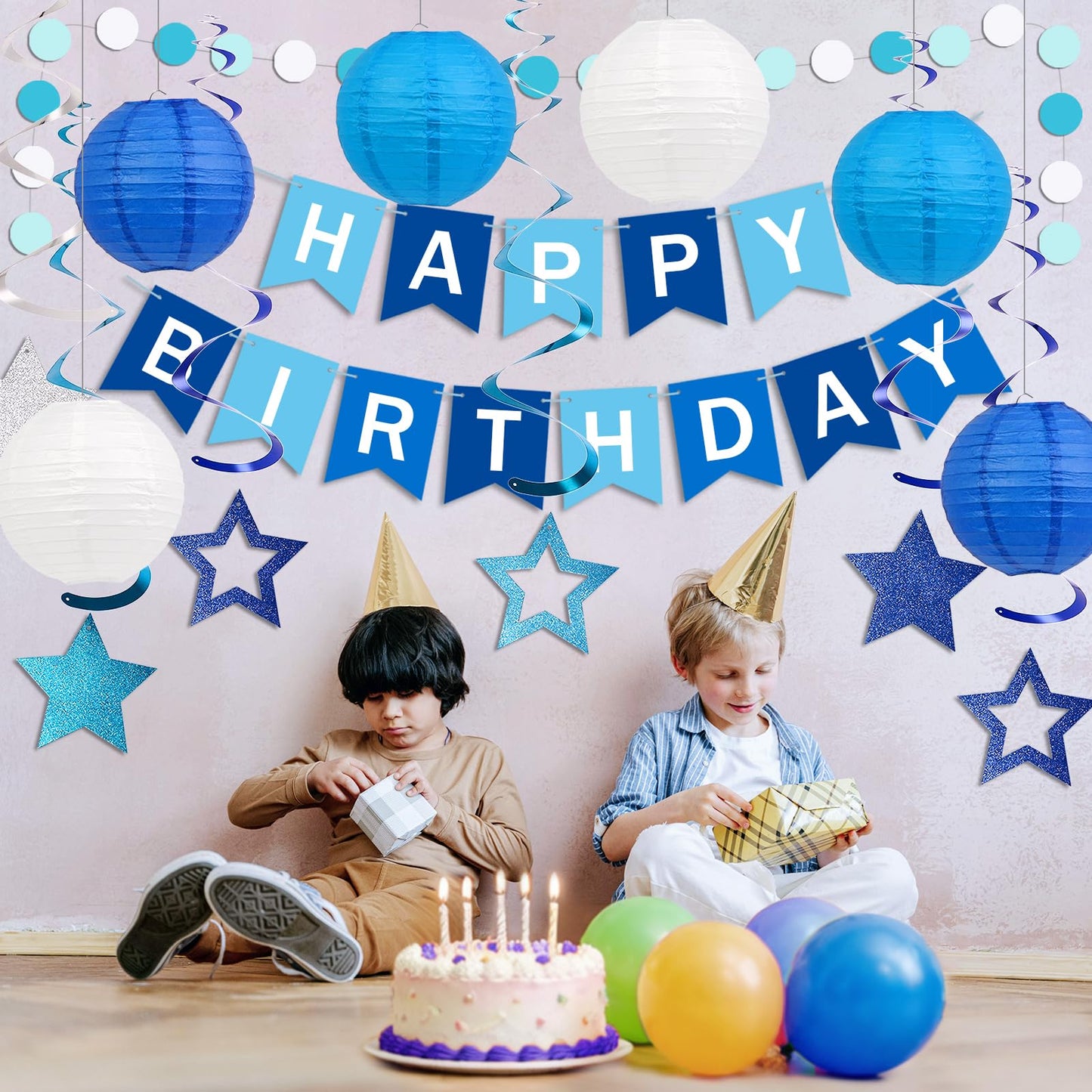 Happy Birthday Decorations, Blue Birthday Party Decorations Set with Happy Birthday Banner, Paper Lanterns, Star Swirl Hanging Decorations & Circle Dots Garland