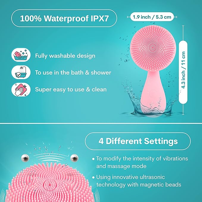 Silicon Facial Cleansing Brush - Electric, Rechargeable, Waterproof IPX7 - Rotating Magnetic Beads - 4 Function Modes - Face Massage for Deep Cleaning - Magnetic Charging Base - Ergonomic Handle