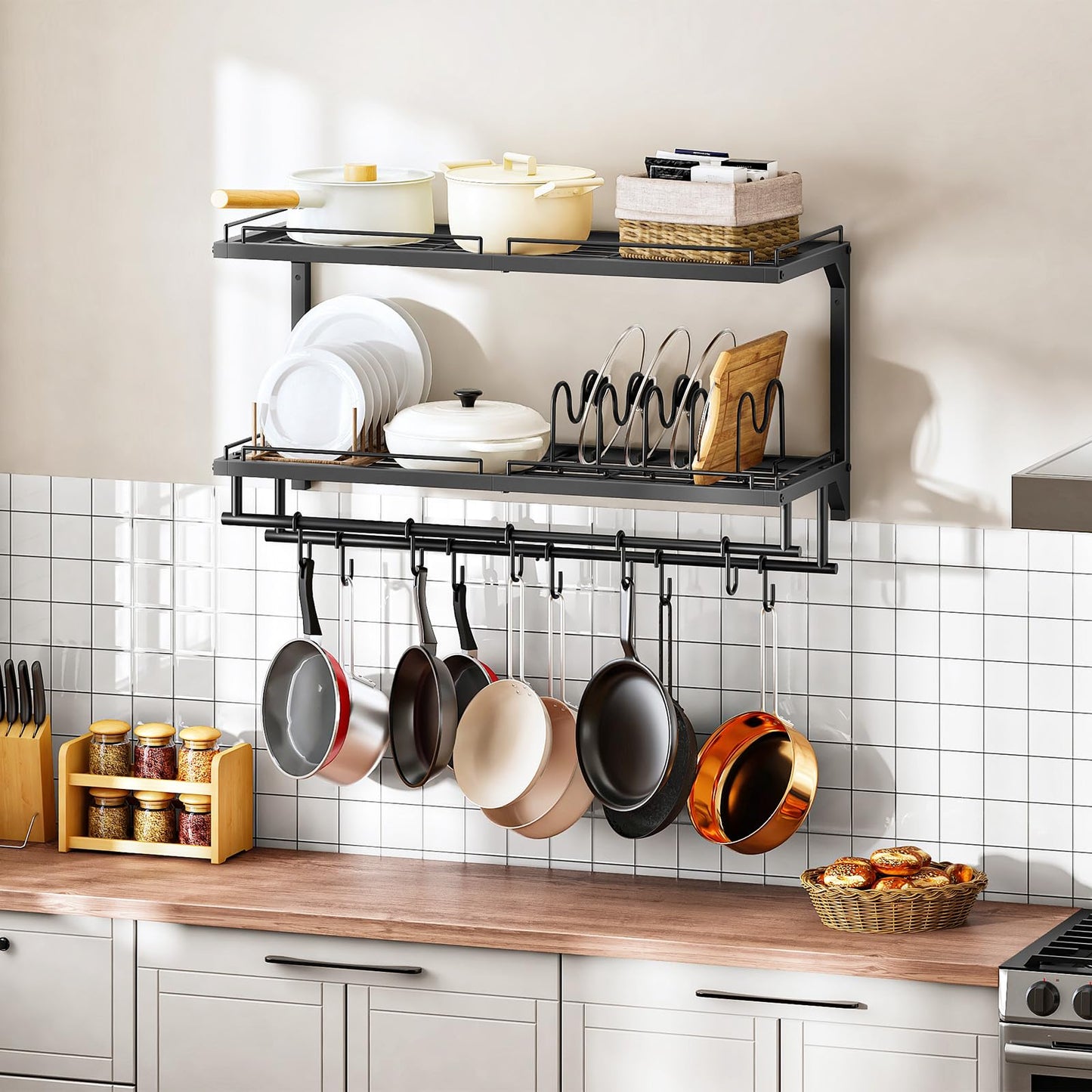 CHOEZON Pot Rack, Wall Mounted Pan Holder, 2-Tier Pot and Pan Organizer, Pot Hanger with 10 S-Shaped Hooks, Cookware Organizer with 5 Removable Metal Wire Dividers, Black TPR35BB