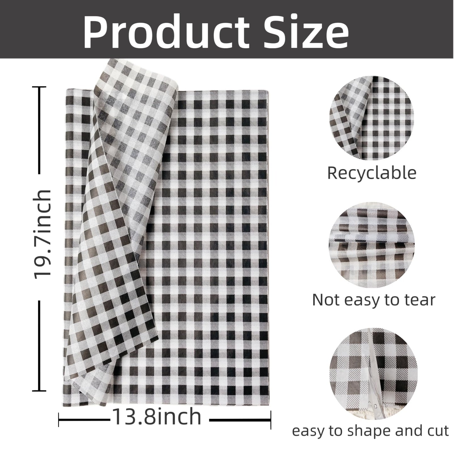 150 Sheets Buffalo Plaid Tissue Paper Gingham Black and White Checkered Tissue Paper Bulk Gift Bags Wrapping Tissue for Christmas DIY Art Craft Wedding Birthday Baby Shower Decor, 14 x 20 Inches