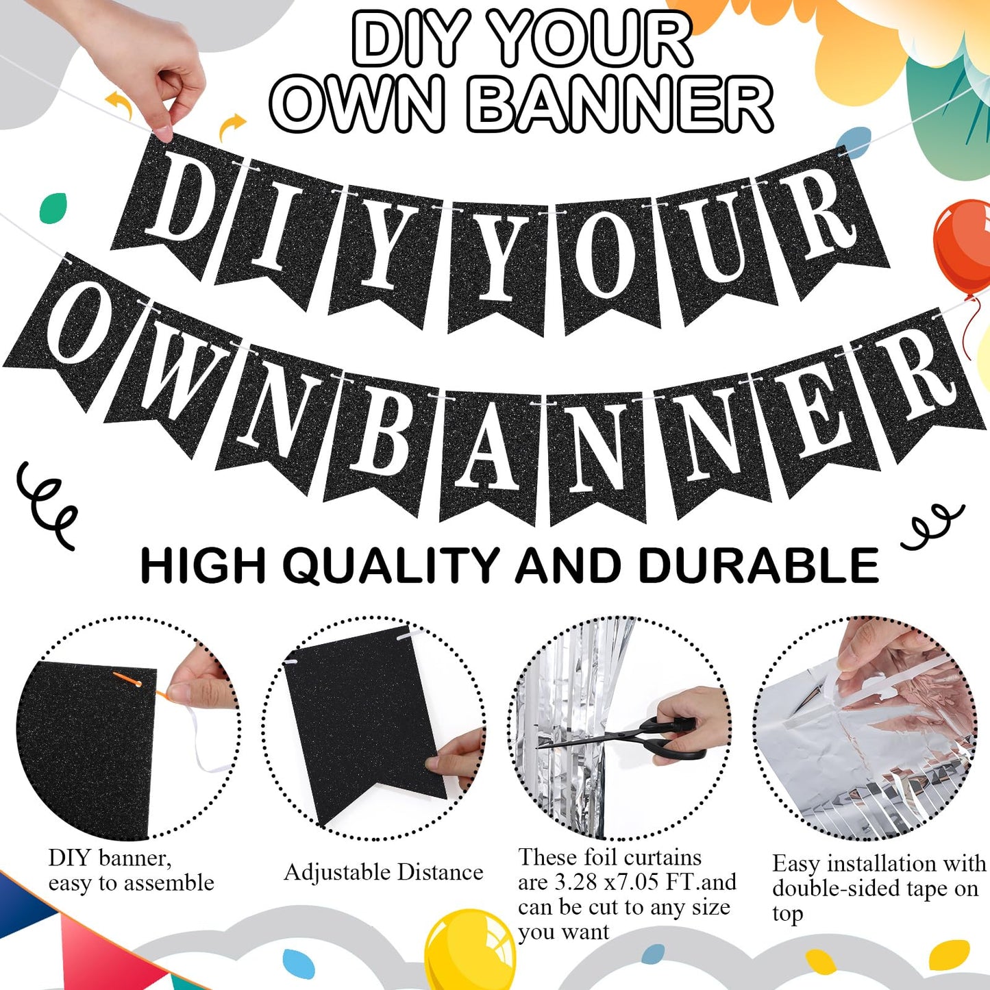 Mooliwe 173 Pcs DIY Custom Banner Kit with 2 Foil Curtain Make Your Own Customizable Letter Banner Sign Decor 20 Paper Pennant 148 Letters Number 1 Rope 2 Threading Device(Classic Style,Black)