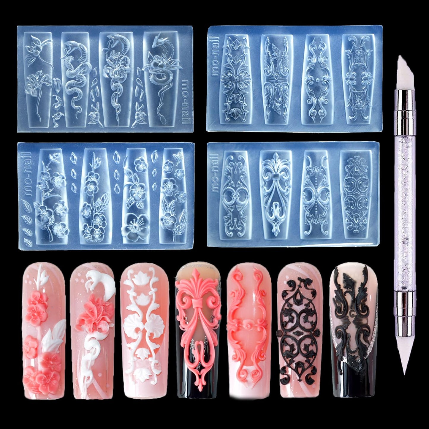 4pcs Nail Molds for Nail Art Retro Flower Charm Molds Intricate Floral Designs with Carving Pen Clear Modeling Templates Manicure Tools for DIY Salon Nail Design
