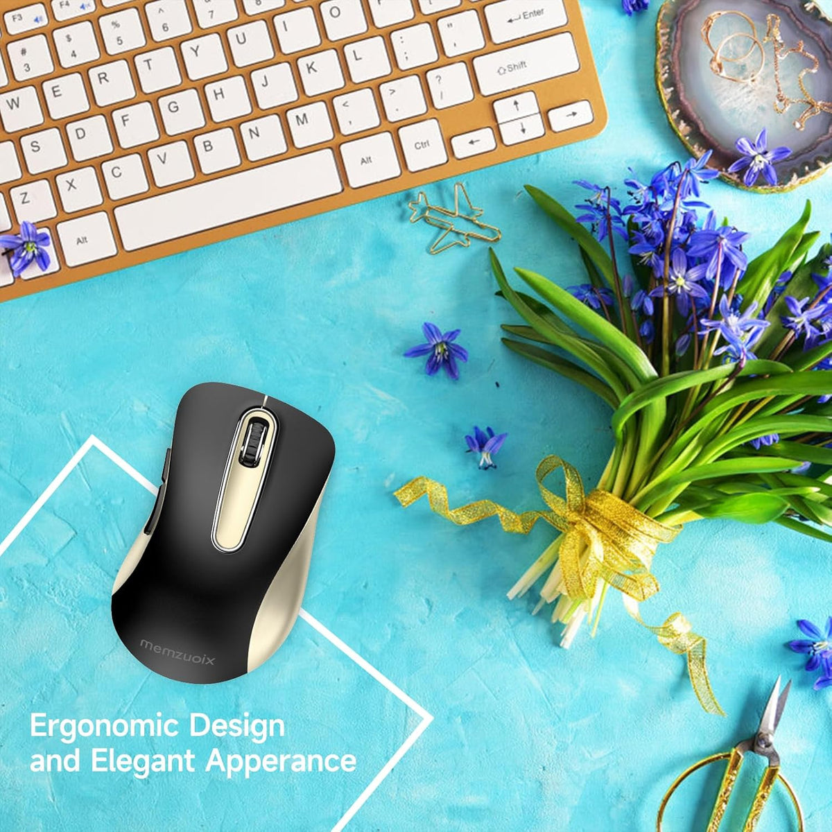 memzuoix 2.4G Wireless Mouse, 1400 DPI Computer Mice with USB Receiver, Portable Wireless USB Battery Powered Cordless Mouse for Laptop, PC, Desktop, 5 Buttons (Black Gold)