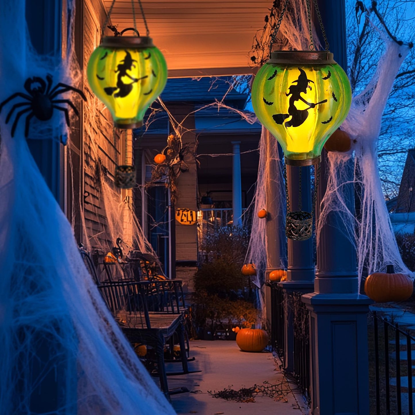 Halloween Decoration Outdoor Hot Air Balloon Solar Lantern with Flickering Flame, Hanging Outdoor Lanterns with Flying Witch Design Waterproof Decor for Garden, Patio, Halloween Party(Witch)