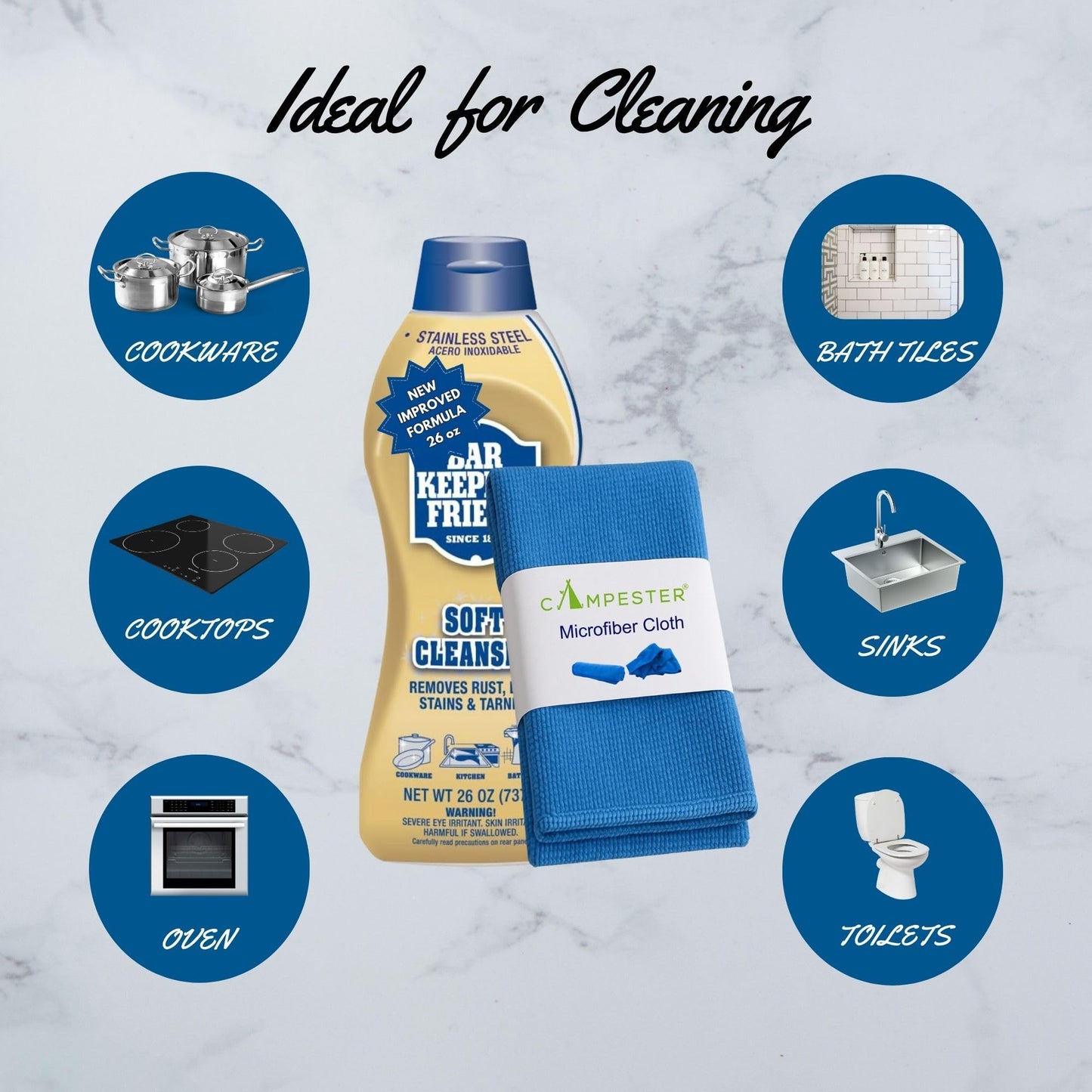 Campester Microfiber Cleaning Cloth Bundle for Bar-Keeper's Friend Soft Cleanser 26 Oz and. Removes Rust, Lime Stains, Tarnish. Ideal for Stainless Steel, Ceramic, or Tile. Kitchens Or Bathrooms