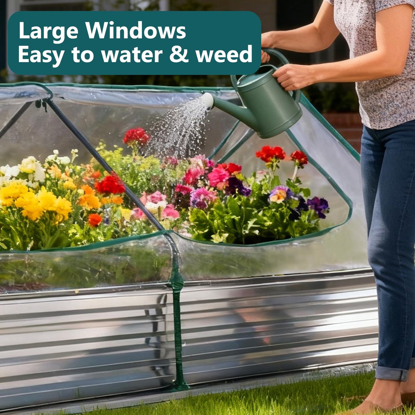 DUMOS 8x4x1ft Galvanized Raised Garden Bed with Cover, Planter Box Outdoor for Deep-Rooted Herbs/Flowers/Vegetables, Open Base Metal Garden Bed Mini Greenhouse for Patio/Balcony/Backyard, Silver