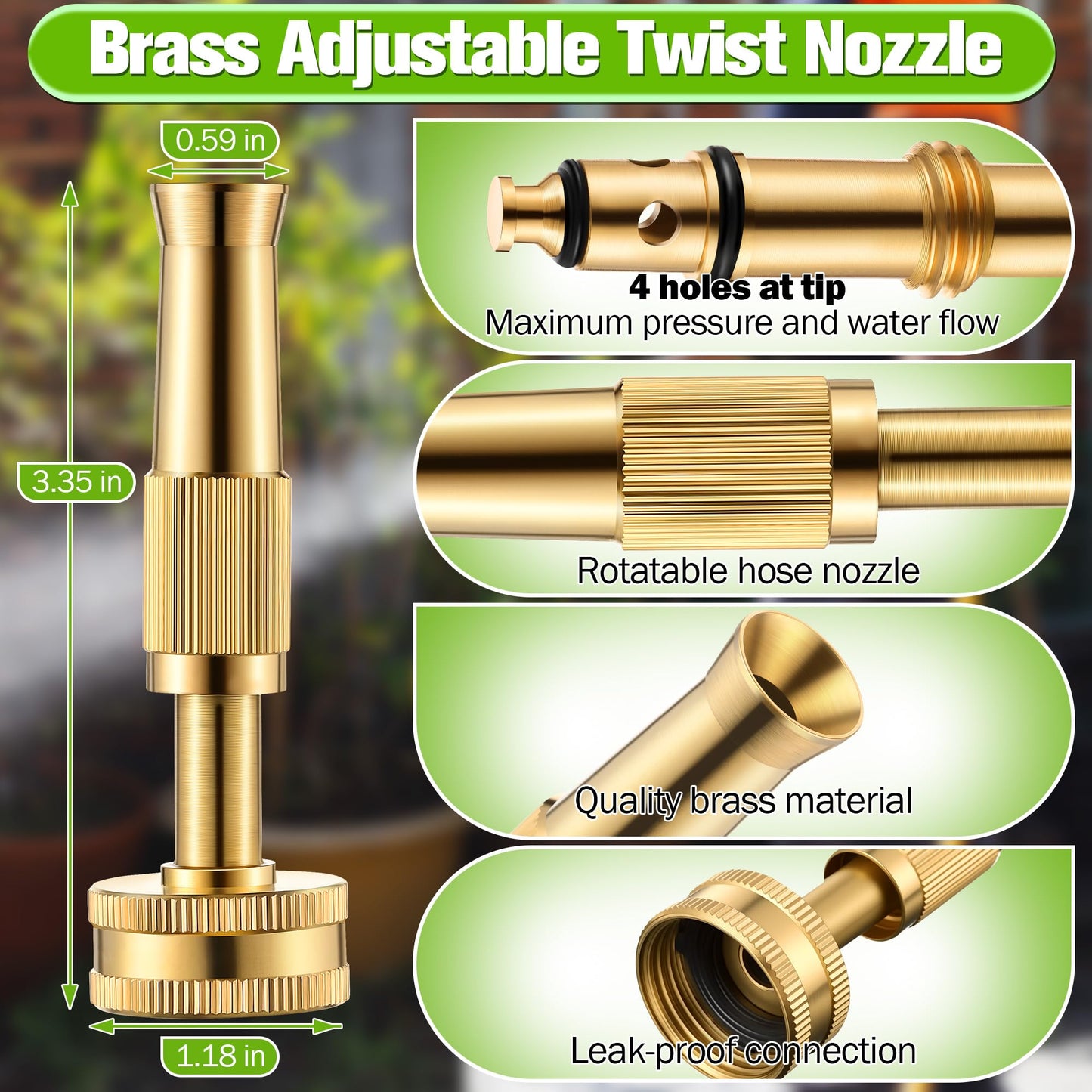 Dunkive 4 Pcs Garden Hose Nozzle Kit, 4" Brass Adjustable Twist Nozzle, Jet High Pressure Sprayer, Brass Shut Off Valve with 10 Rubber Washers, 3/4" GHT Connector for Sprinkler(Adjustable,4 in)