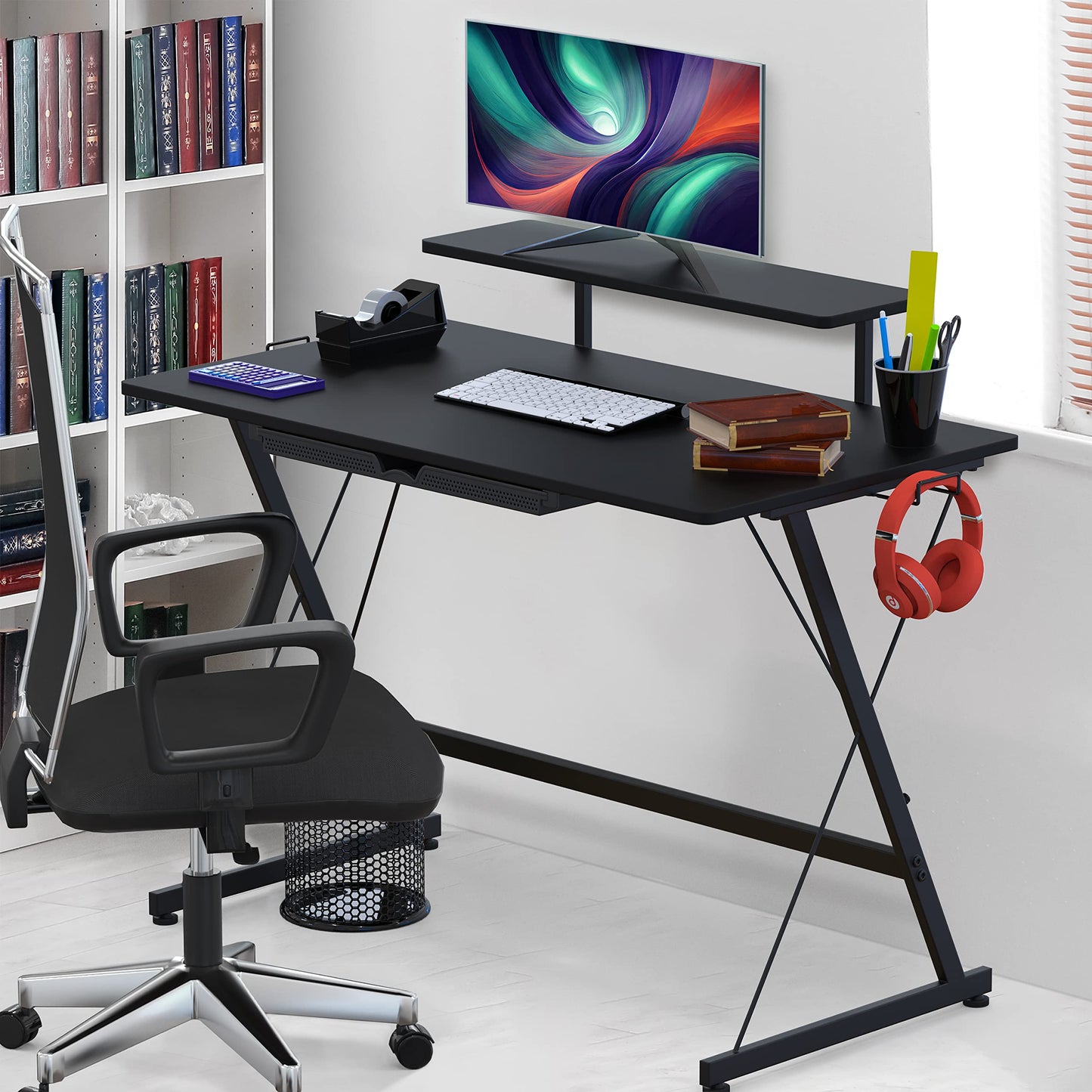 SHW 40-Inch Gaming Desk with Monitor Riser, Drawer and Hooks, Black