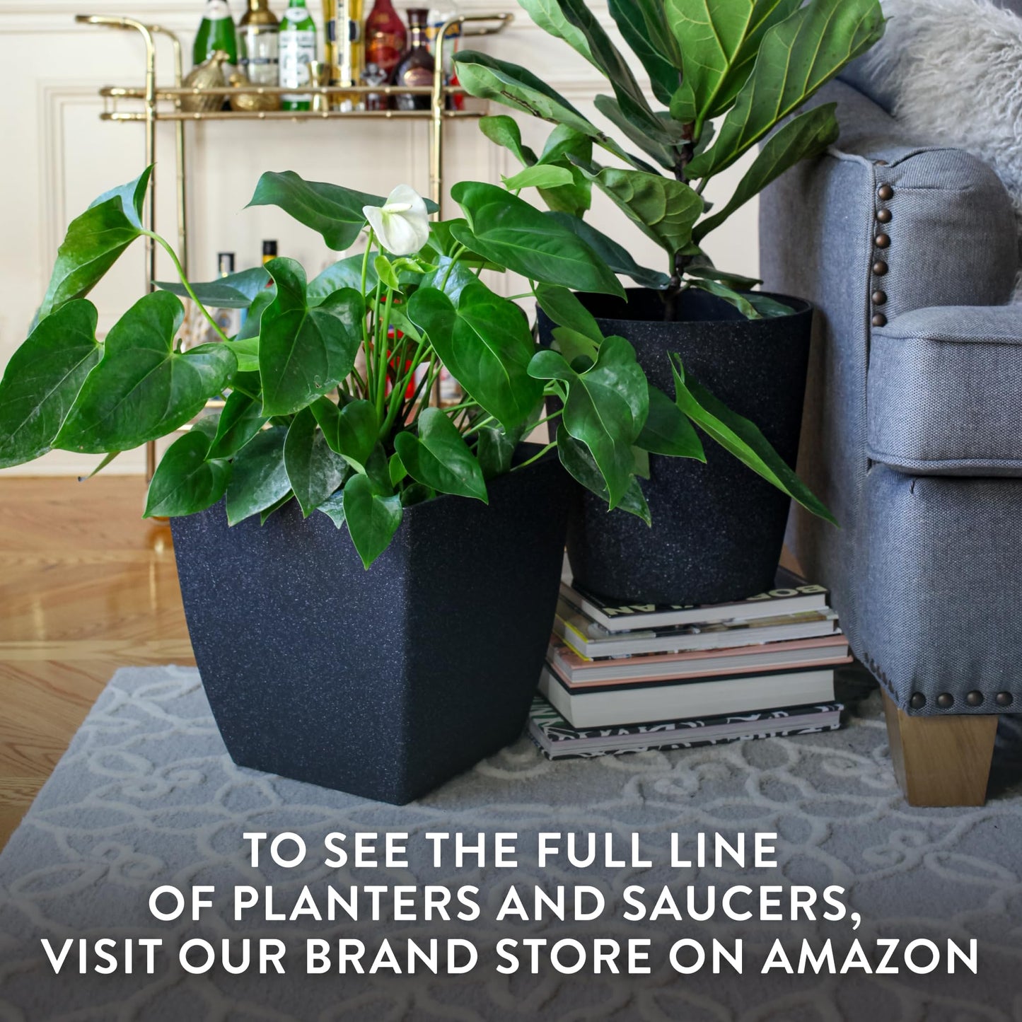 The HC Companies Santa Fe Square Self-Watering Pot - Lightweight Plastic Planter for Herbs & More - Durable Plant Pots for Indoor Plants & Outdoor Plants (12" Black Sand, Pack 2)