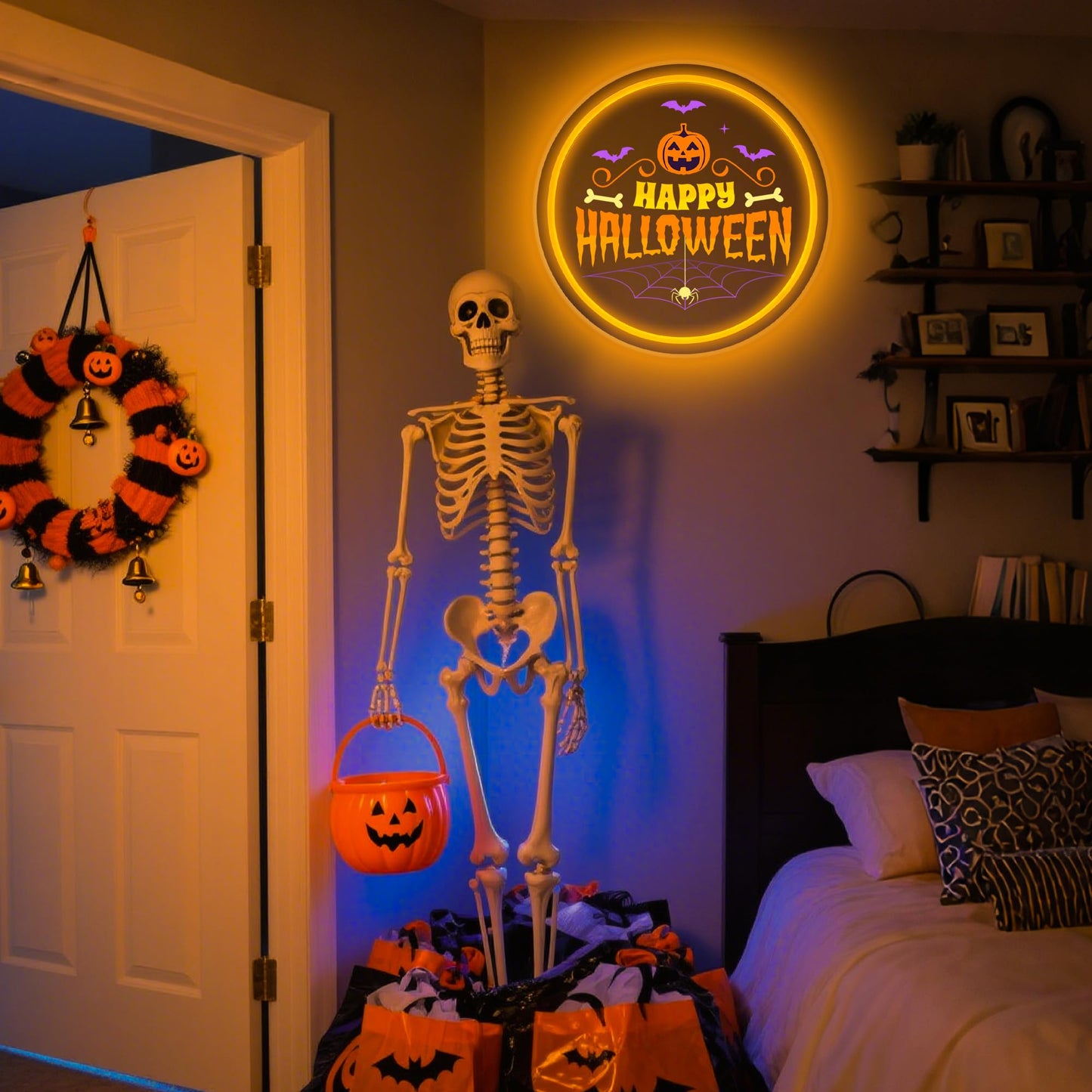 Happy Halloween Neon Sign, Round Pumpkin LED Wall Light with Spider Web and Bats, Halloween Party Wall Decor, Adjustable Brightness Neon Lamp with Mounting Kit 11.6" × 11.6"