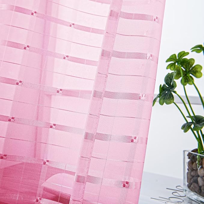 SpaceDresser Check Sheer Curtains 90 Inches 2 Panels Set, Rod Pocket Plaid Window Curtain for Living Room, Pink Semi Sheer Drapes for Kitchen Bedroom Children Room Yard（Pink, 52W x 90L）