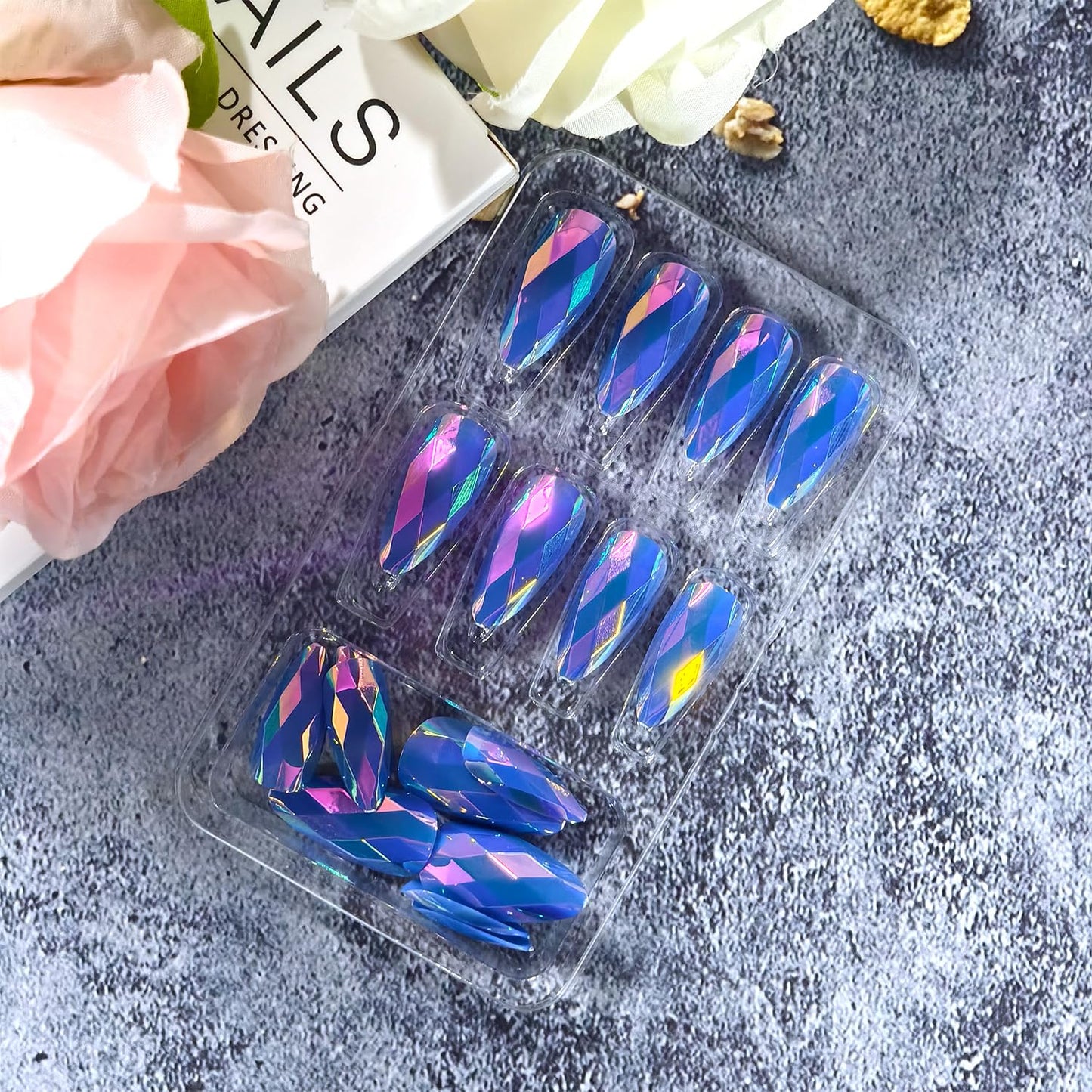 Dark Blue Press on Nails Medium Almond Artificial Acrylic Fingernails 3D Reusable Rainbow Gradient Diamond-Shaped Electroplating Design Full Cover Glossy Glue on Artificial Nail for Women Manicure