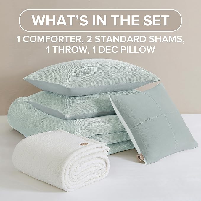 UGG Remina Comforter Set 5 Piece Bed in a Bag with Throw Blanket, Decorative Pillow, Shams, and Reversible Comforter Hypoallergenic Washable Luxury Fluffy Bedding, Full/Queen, Blue Green Clear Creek
