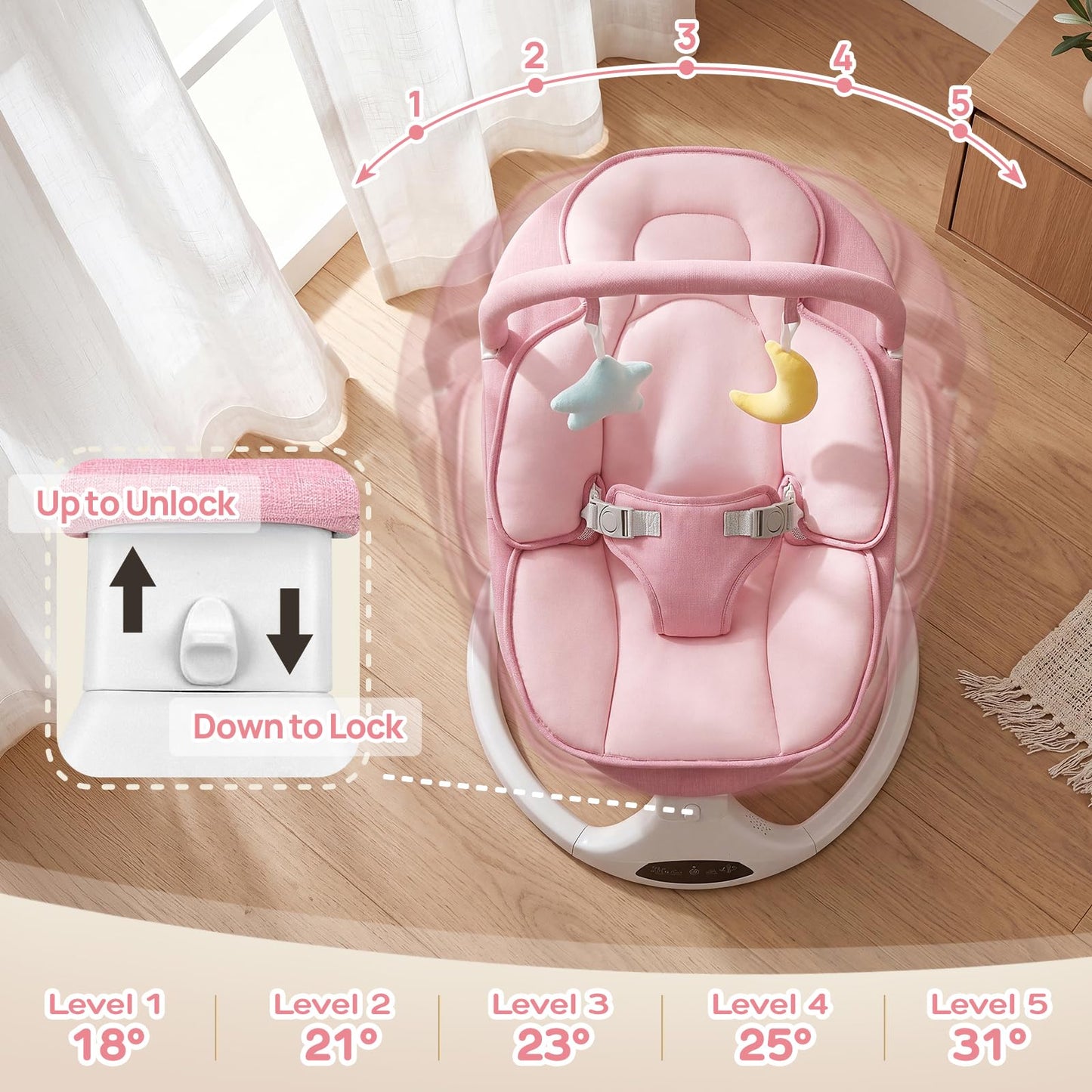 Electric Baby Swing with Remote Control - 5 Natural Motion Speeds, Detachable Seat Pad | Portable Infant Swing for Indoor/Outdoor Use (0-6M, 20lbs) (Pink)