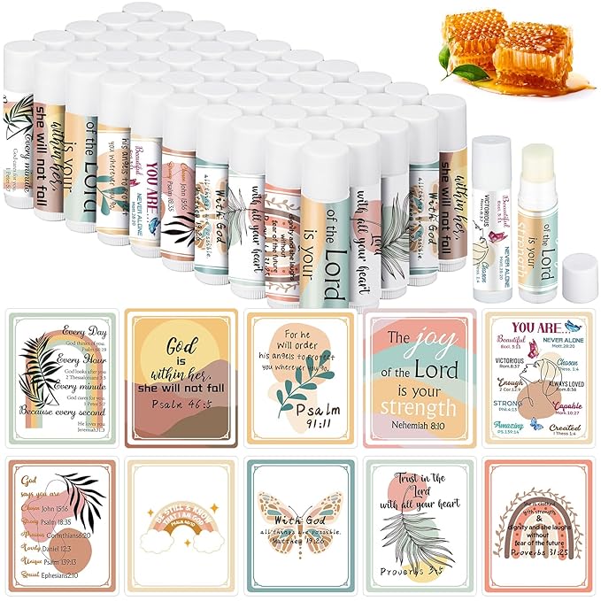 50 Pack Christian Religious Gifts Bulk Lip Balms for Women Men Religious Church Party Favors Bulk Bible Verse Lip Balm with Scripture Inspirational Gifts for Coworkers Staff Employee(Boho)