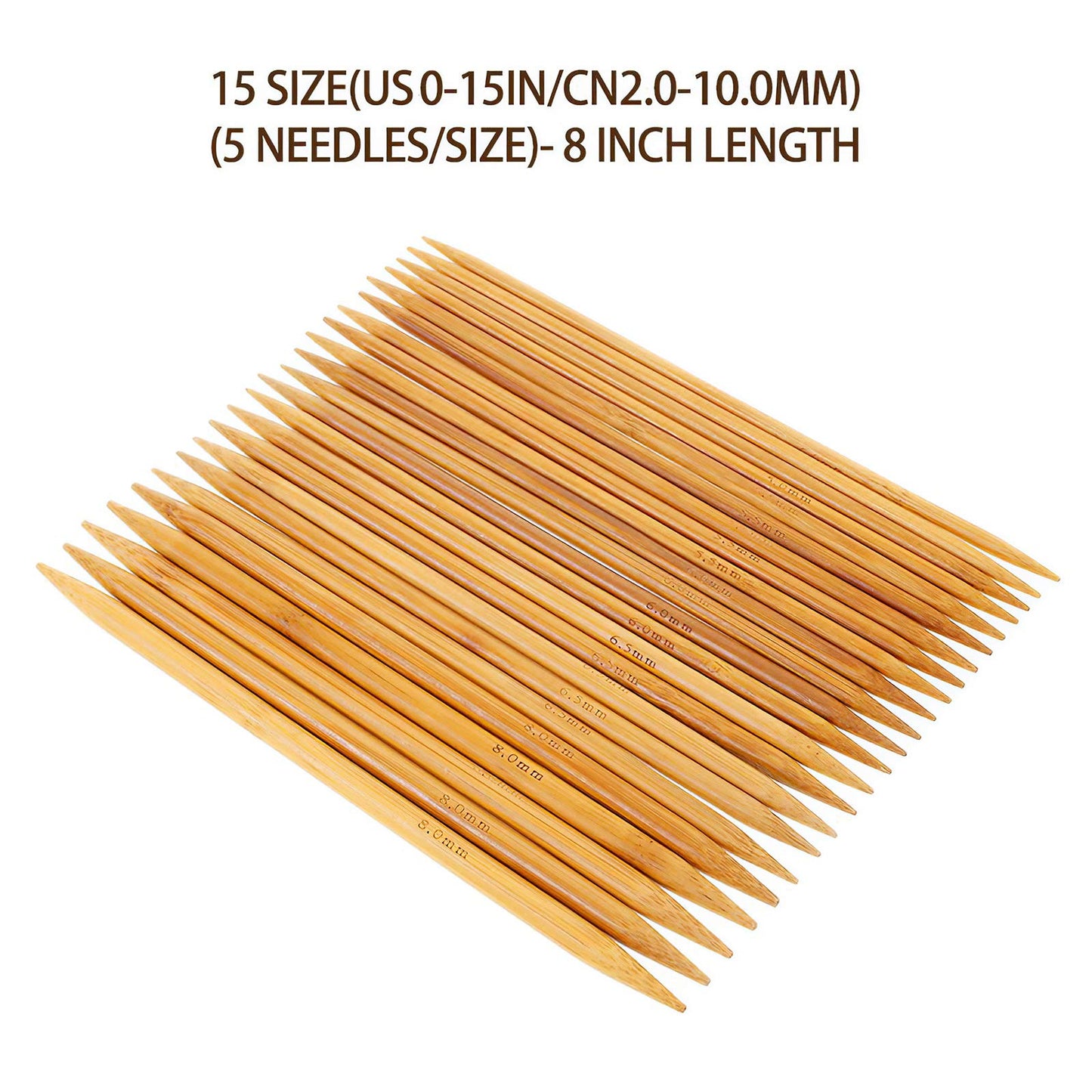 RELIAN Double Pointed , 75 Pcs Bamboo Knitting Needles Set, 15 Sizes from 2.0mm-10.0mm(8 Inches Length)+ 4Pcs Knitting Needles Point Protectors