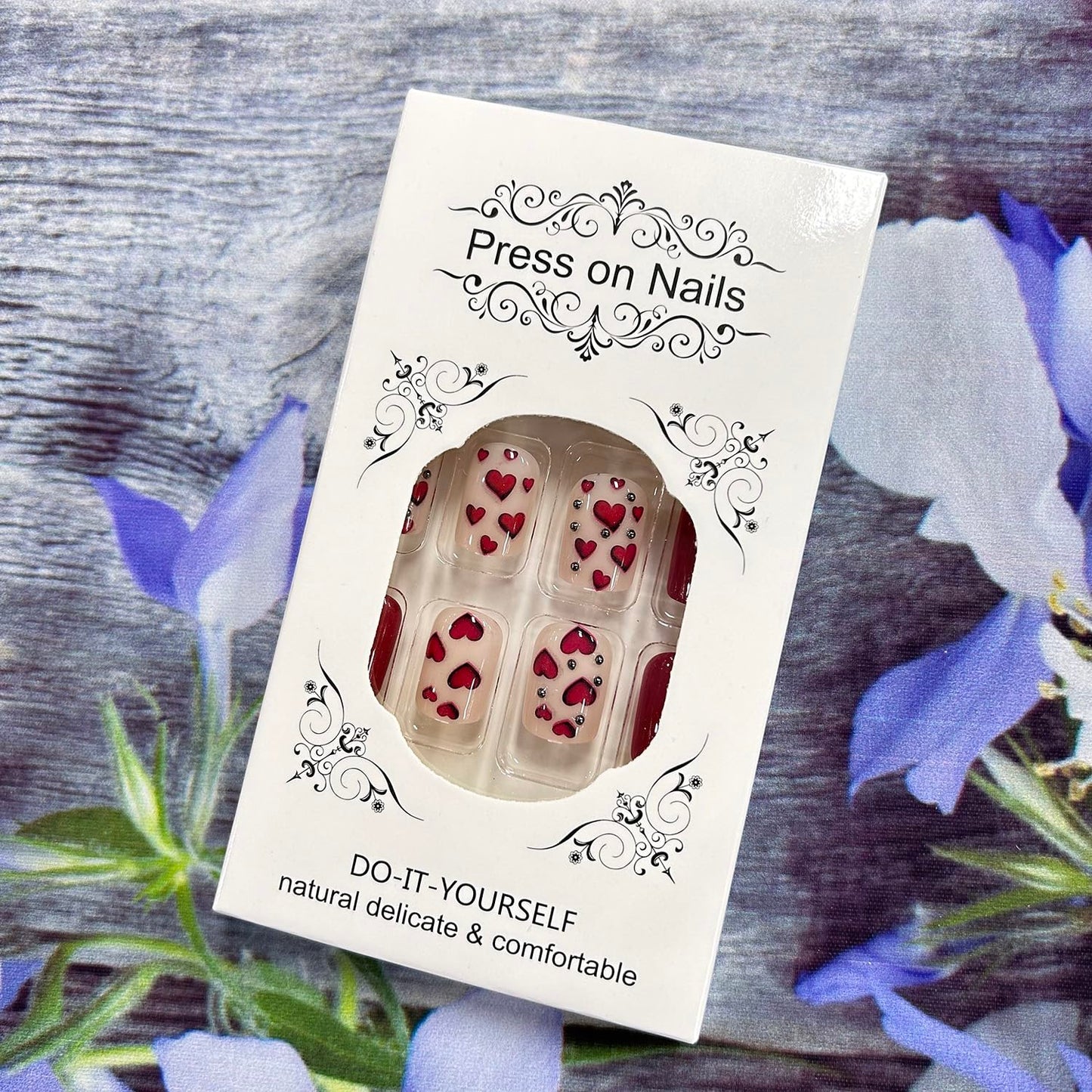 Valentine's Cat Eye Press on Nails Medium Square Red Love Heart 3D Steel Balls Design Valentine's Nails Charm Artificial Nailsl Full Cover Glossy Heart Stick on Nails 24Pcs Glue on Nails for Women