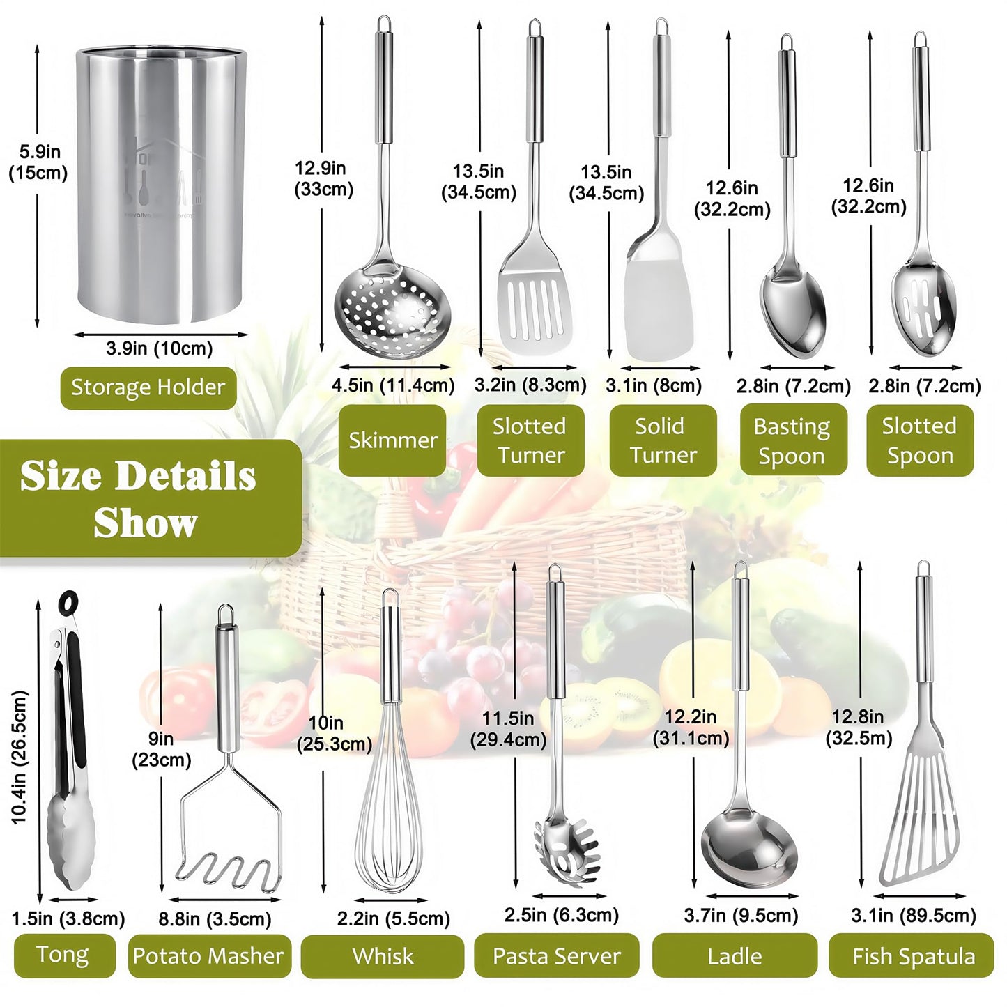 Stainless Steel Kitchen Utensils Set - 12pcs Cooking Utensils Set with Holder, Heat Resistant Kitchen Tool Set for Cooking with Turners, Potato Masher, Spatula, Spoons, Tongs, Whisk