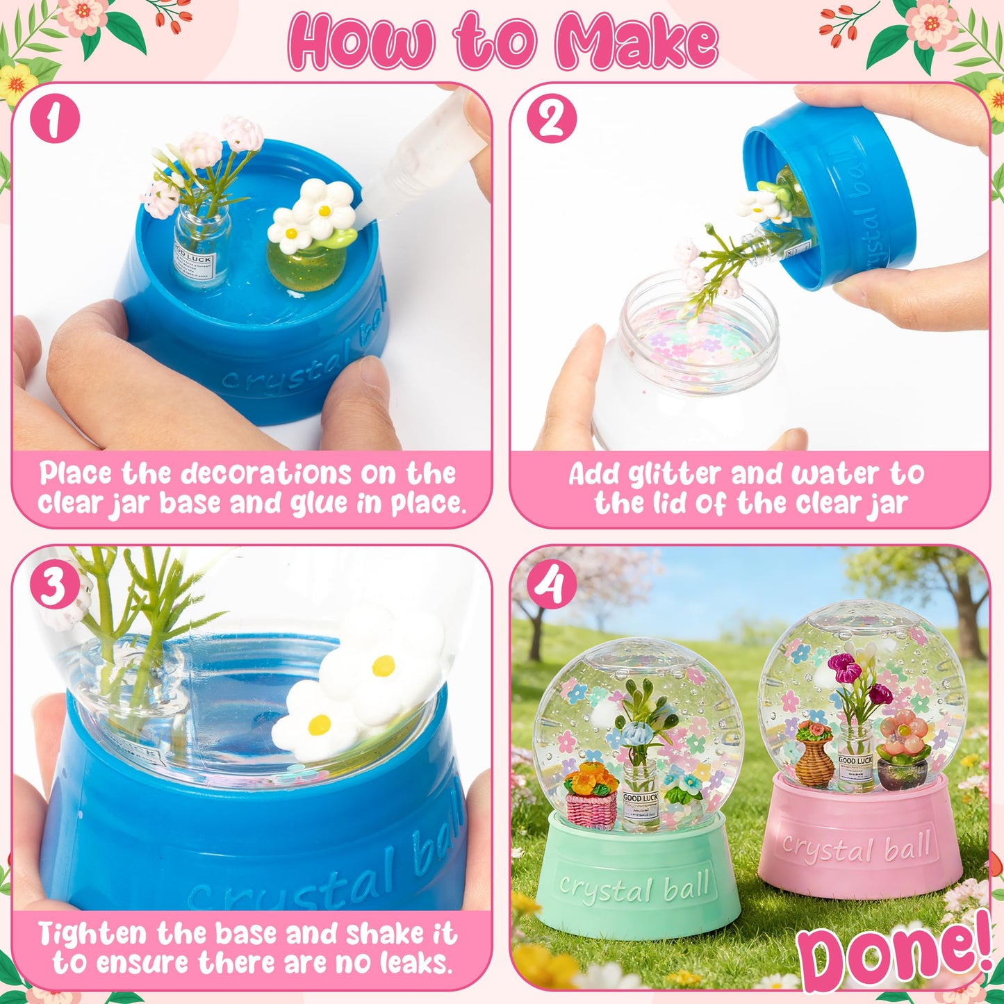 HoniedPepperino Spring Summer Snow Globes Craft Kit - 8 Set DIY Plastic Snow Globe Craft with Mini Resin Tulips, Make Your Own Graduation Party Decor with Glitter for Art Activity Gifts (Flowers)