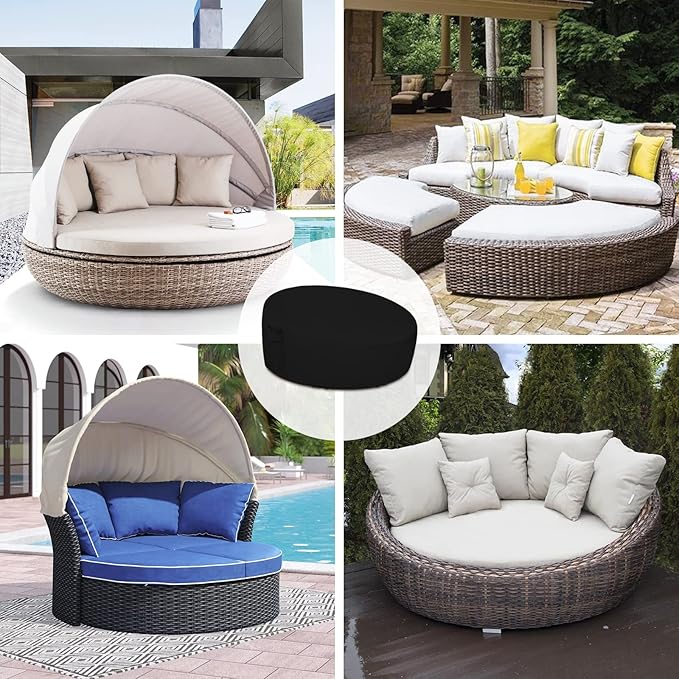 Easy-Going Heavy Duty 600D Outdoor Daybed Cover 92 Inch UV Resistant Patio Round Sofa Cover Waterproof Outdoor Canopy Daybed Sofa Cover with Air Vent 92" Dia x 35"/18" H, Black