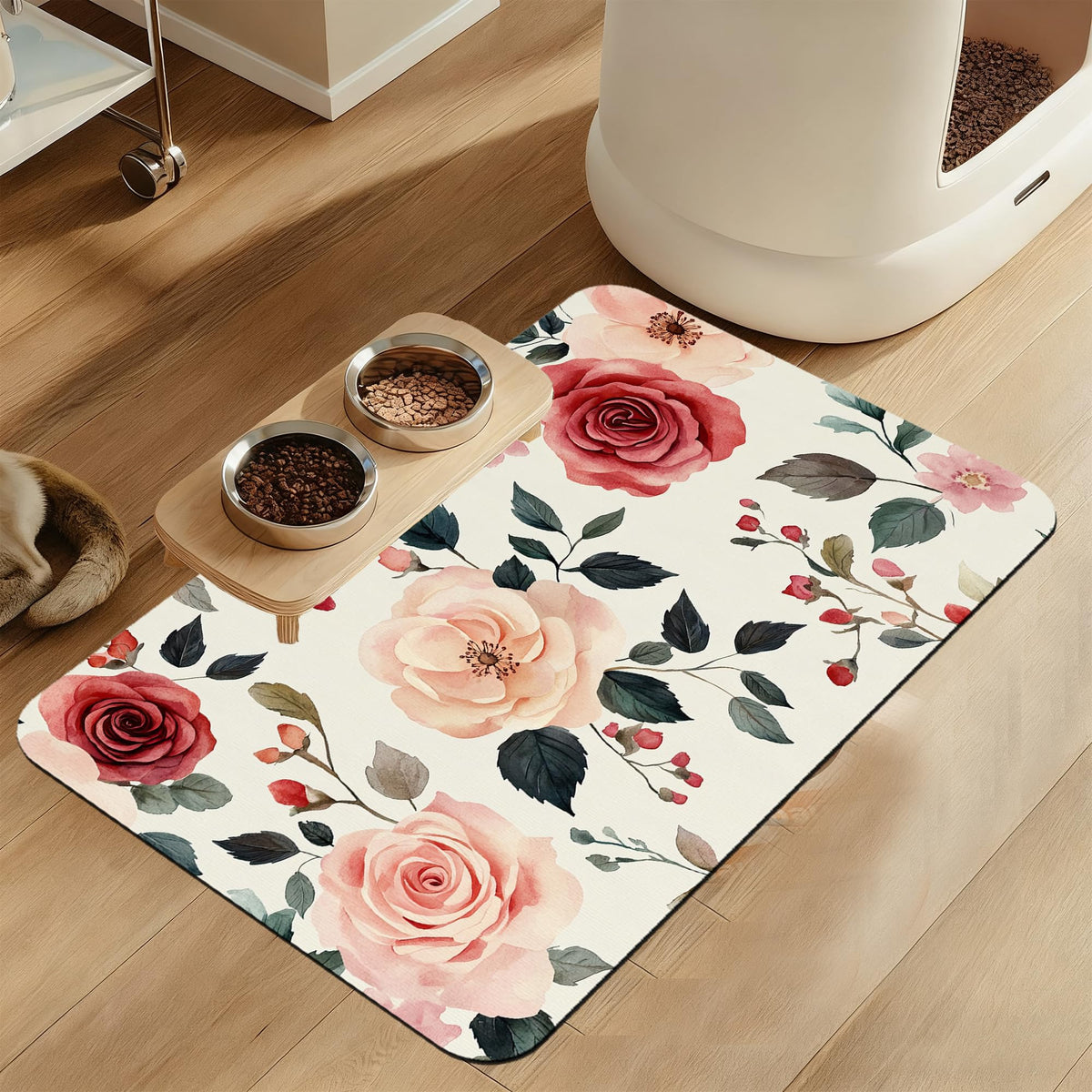 Pink Cat Dog Food Mat–Absorbent Quick Dry Feeding Placemat for Food and Water Bowls, Non Slip Rubber Backing, Waterproof Pet Supplies for Mess-Free Eating 12"x20"